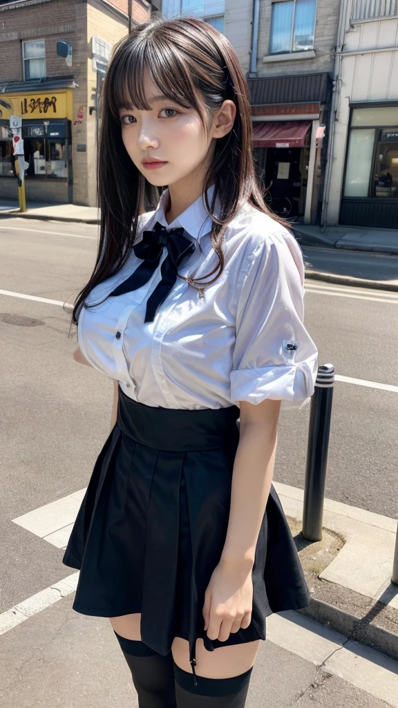 masterpiece, best quality, illustration, Super detailed, fine details, High resolution, 8K,wall paper, perfect dynamic composition,(Details High quality, realistic depiction of eyes:1.3), from side, standing,waitress uniform, restaurant, large breasts, (very heavy chest), short bob hair、black hair color, Big Natural Color Lip, (perfect body shape), crying a little、cold gaze, Harajuku style、20 year old girl、cute type、lolita、beautiful legs, focus on crotch, full body photo, gravure idol