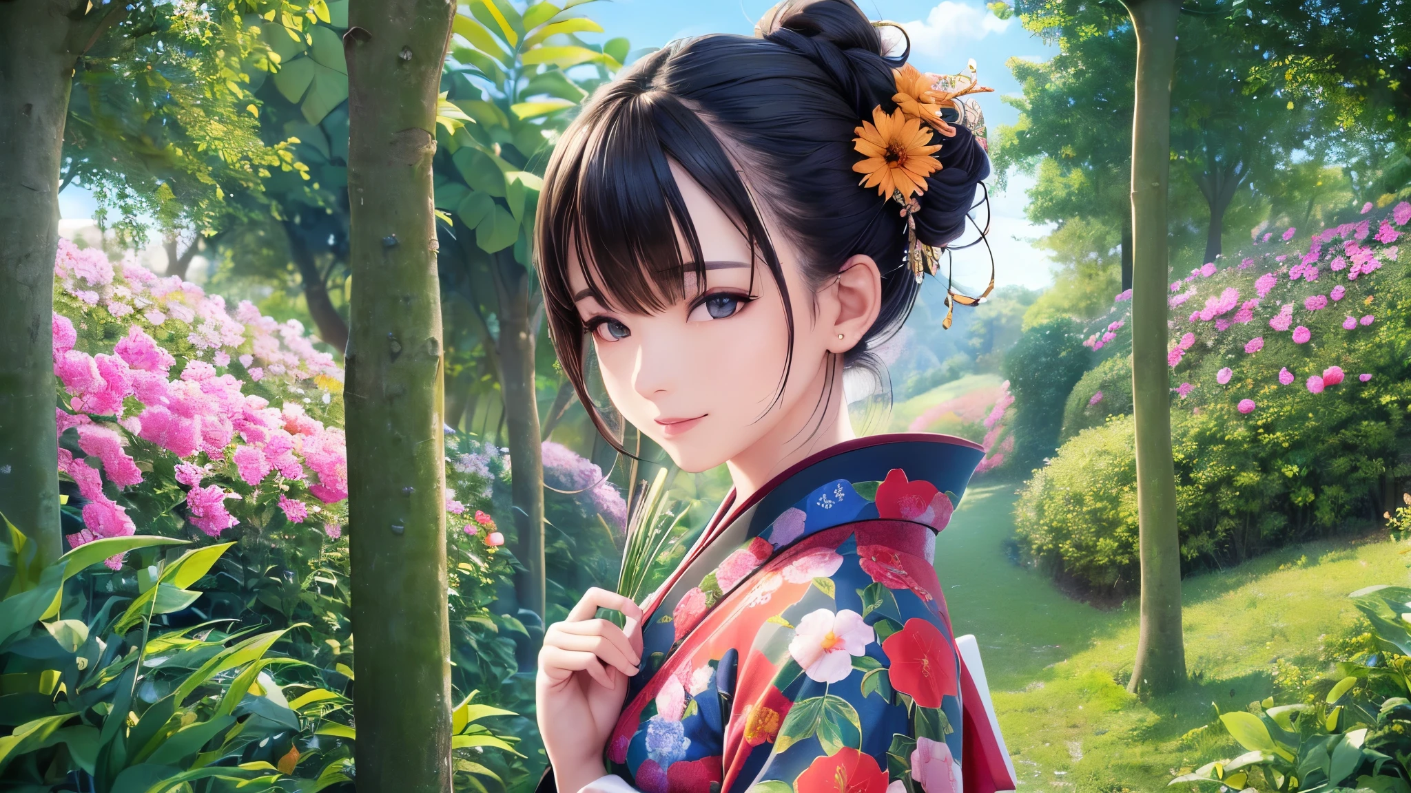 ((highest quality)),(Ultra-high resolution),(Very detailed),(Detailed Description),((The best CG)),(A masterpiece),Ultra-detailed art,Amazing drawing art,(Art with precise detail:1.5), (A long-sleeved kimono with a vibrant floral pattern and detailed depictions:1.5),(Beautiful and well-proportioned face:1.3),(Glossy black hair tied up:1.4), (garden:1.8), (sunny:1.8)