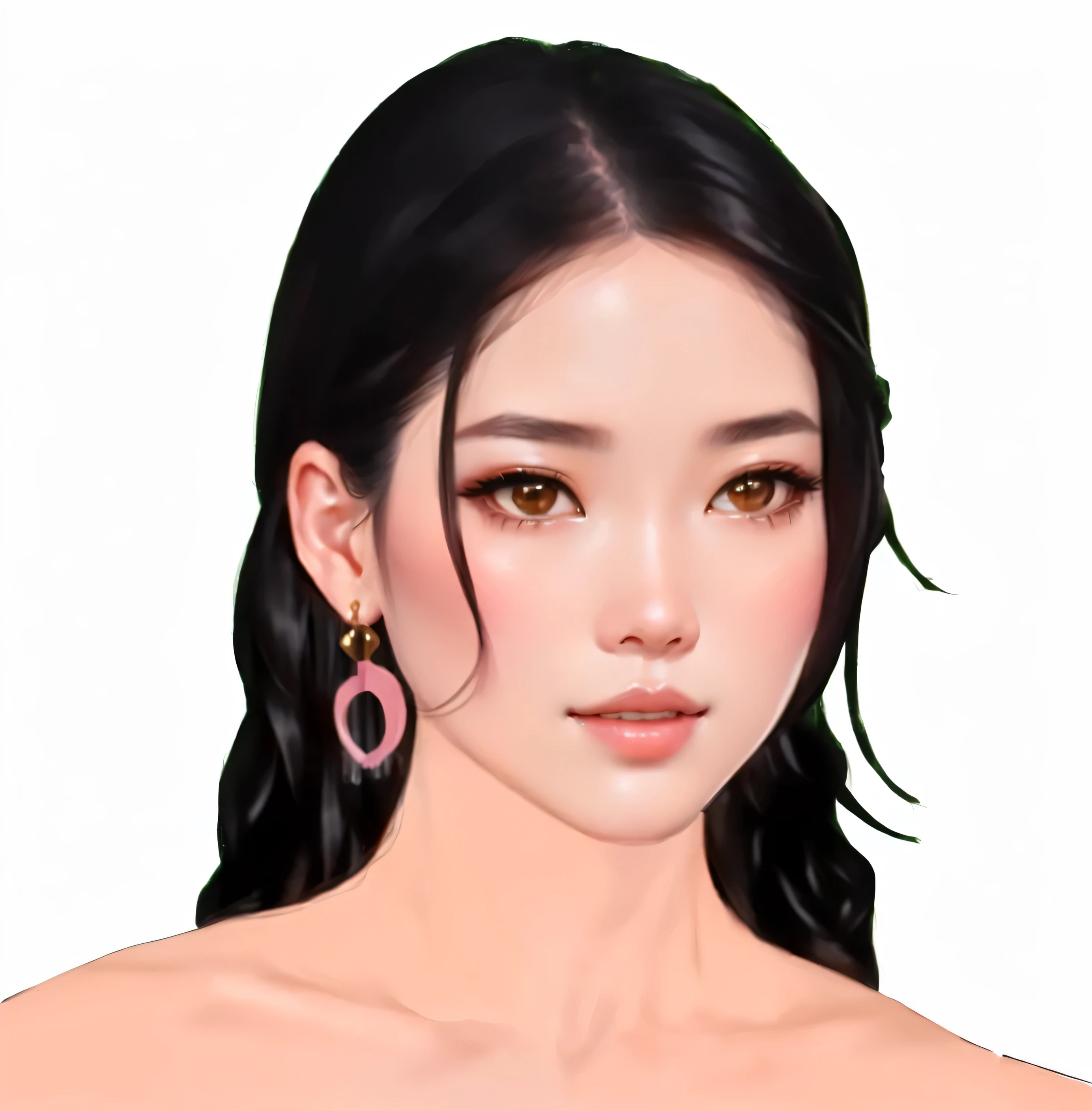 a woman with long black hair wearing pink earrings and a pink dress, inspired by Sim Sa-jeong, south east asian with round face, inspired by Huang Ji, in the art style of bowater, inspired by Ai Xuan, inspired by Wen Jia, inspired by Tang Yifen, inspired by Chen Lu, detailed face of a asian girl with close mouth, inspired by Lan Ying