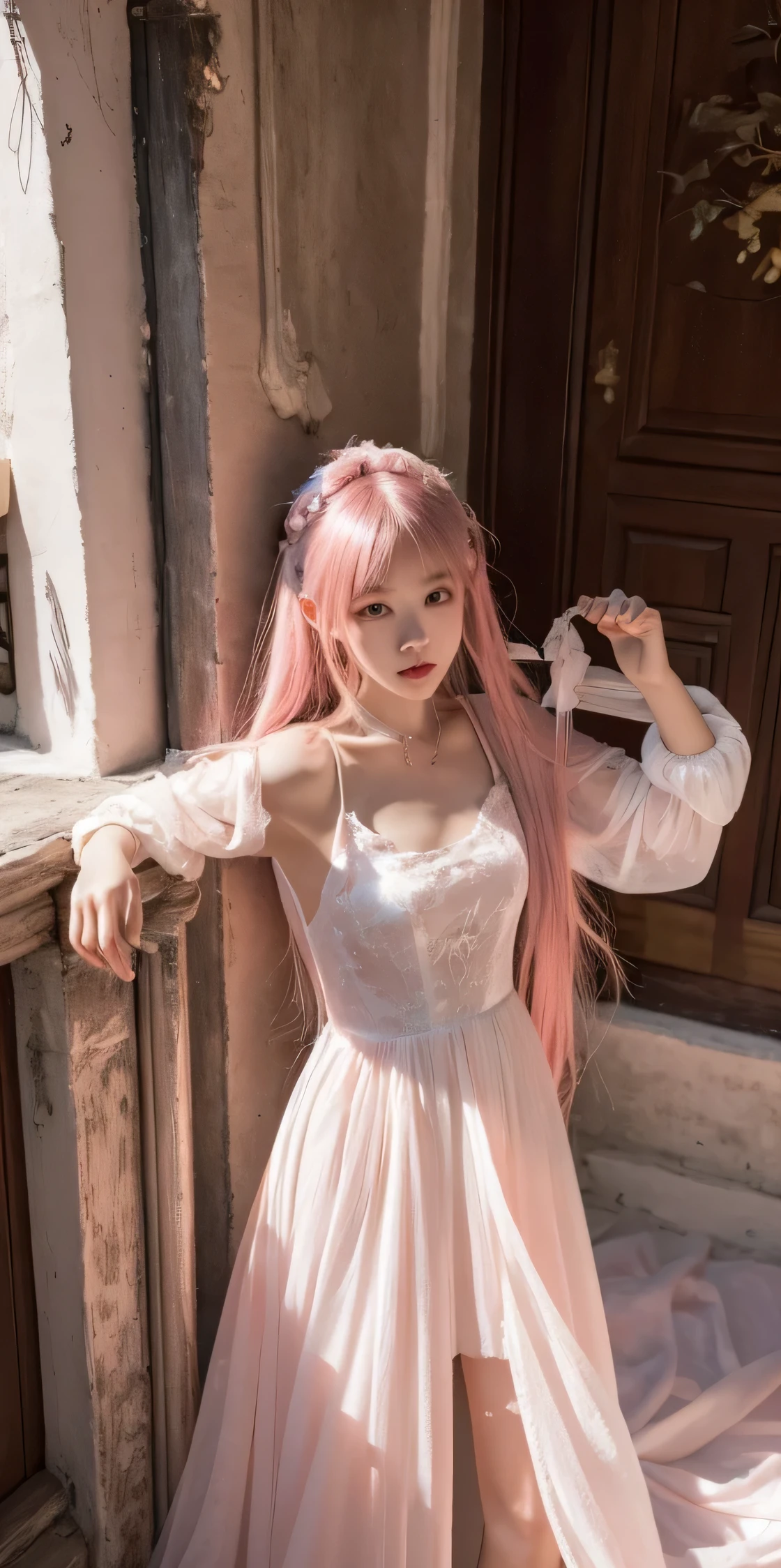 Realistic, 8k, HDR, super contrast, surreal, cinematic, Masterpiece, best quality, super detailed, illustration, beautiful detailed eyes, close up, 1 girl, POV, Chinese girl, pink hair, white dress, villa doorway, standing position, face down, fantasy.