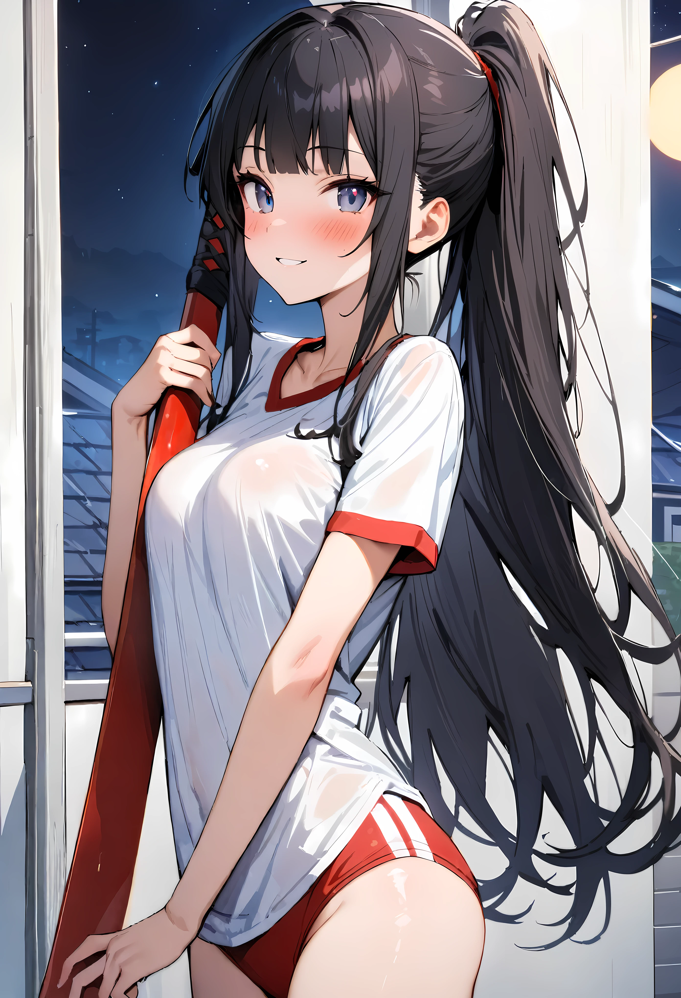 (((masterpiece, highest quality:1.3,absurdres))),cowboy shot,18 year old beauty,solo,((very small head:1.4)),ponytail hair style,long hair,blunt bangs,black hair,glay eyes,A proud smile,blush,medium breasts,((very long body,slender body)),skinny,gleaming skin,shiny skin, ,(White short sleeve T-shirt, Red Ringer Neck, school gym red buruma)、white sneaker shoes, ,standing,Holding a Japanese sword in his hand and carrying it on his shoulder、School rooftop、at night、moonlight、