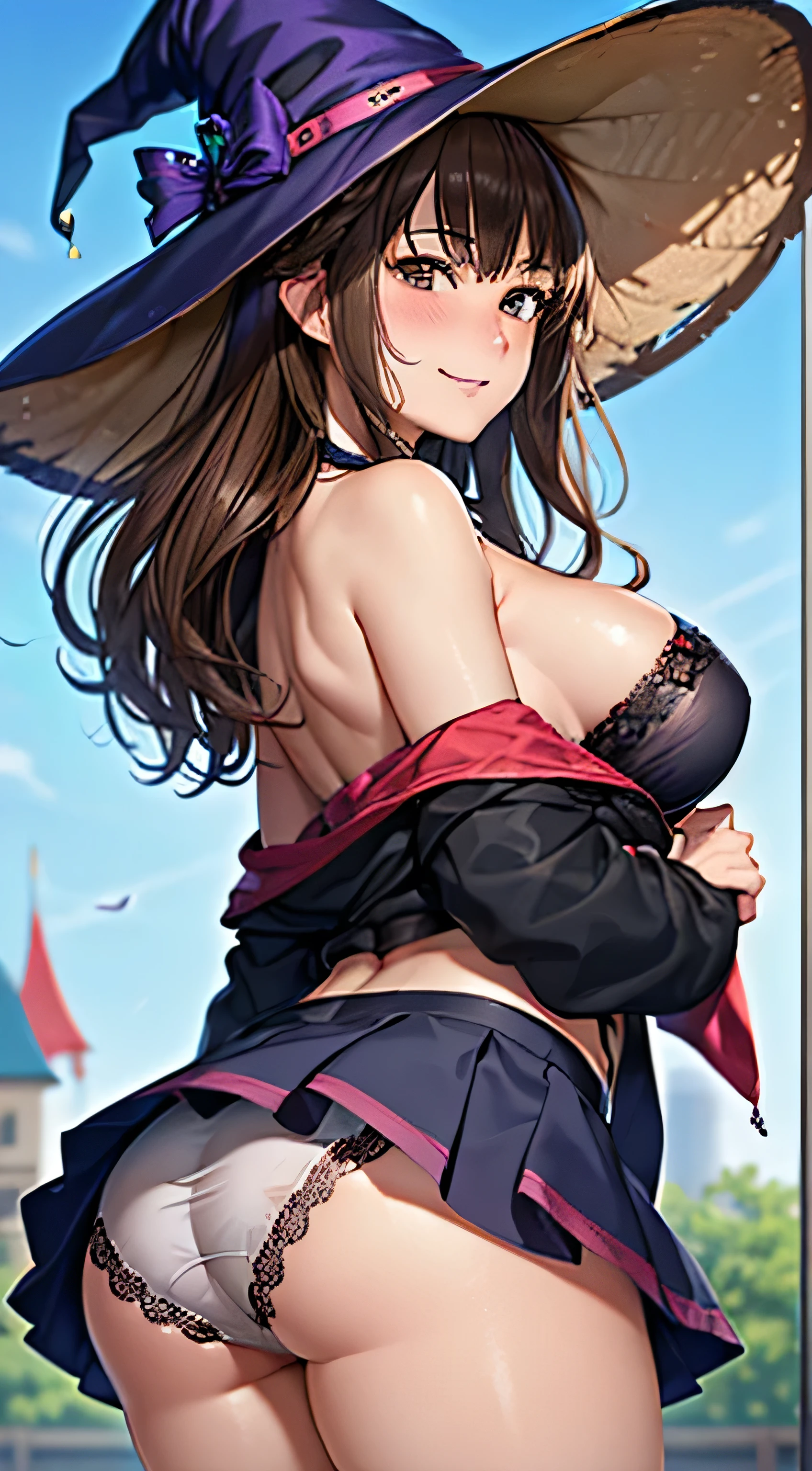 ((Tabletop, highest quality, High resolution, , Pixel Perfect, 4K, ))), Beautiful woman,, alone, beauty、The whole body is visible、 (((Sexy Witch Cosplay), Long dark blonde wavy hair、Off-the-shoulder jacket,　Dark blue flared skirt、Witch Hat、Mid-wave hair, bangs, Brown Hair)), ((Brown eyes, Beautiful eyelashes, Realistic eyes)), ((Detailed face, Blushing:1.2)), ((Smooth texture:0.75, Realistic texture:0.65, Realistic:1.1, Anime CG Style)), Center of chest, Dynamic Angle, Perfect body, ((,)), Leaning forward、、、Very embarrassing panic smile, 、Castle town square、(The wind flipped up her skirt, Pink lace panties are fully visible、look back、Stick your butt out、、、)、Angle from below