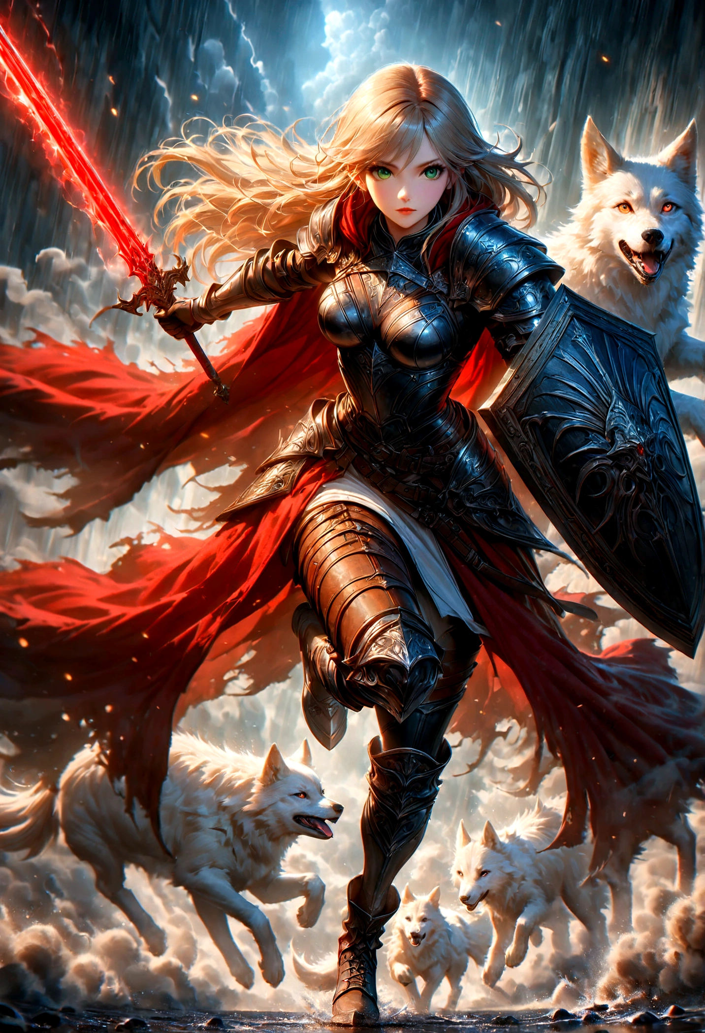 fantasy art, RPG art, Dark fantasy art, ultra wide shot, RAW, photorealistic, a picture of female human ranger, the ranger, an exquisite beautiful human woman, long blond hair, braided hair, green eyes, wearing leather armor, wearing (red cloak: 1.1), armed with a (sword: 1.3), wearing laced boots, standing in a dark forest at night, (mist rising from the grounds: 1.3), a sense of dread and fear, yet she stands defiant and fearless, there is a (wolf: 1.2) companion standing by, guarding her, protecting her,  dark fantasy forest background, best quality, 16k, [ultra detailed], masterpiece, best quality, (ultra detailed), full body, ultra wide shot, photorealism, Sword and shield