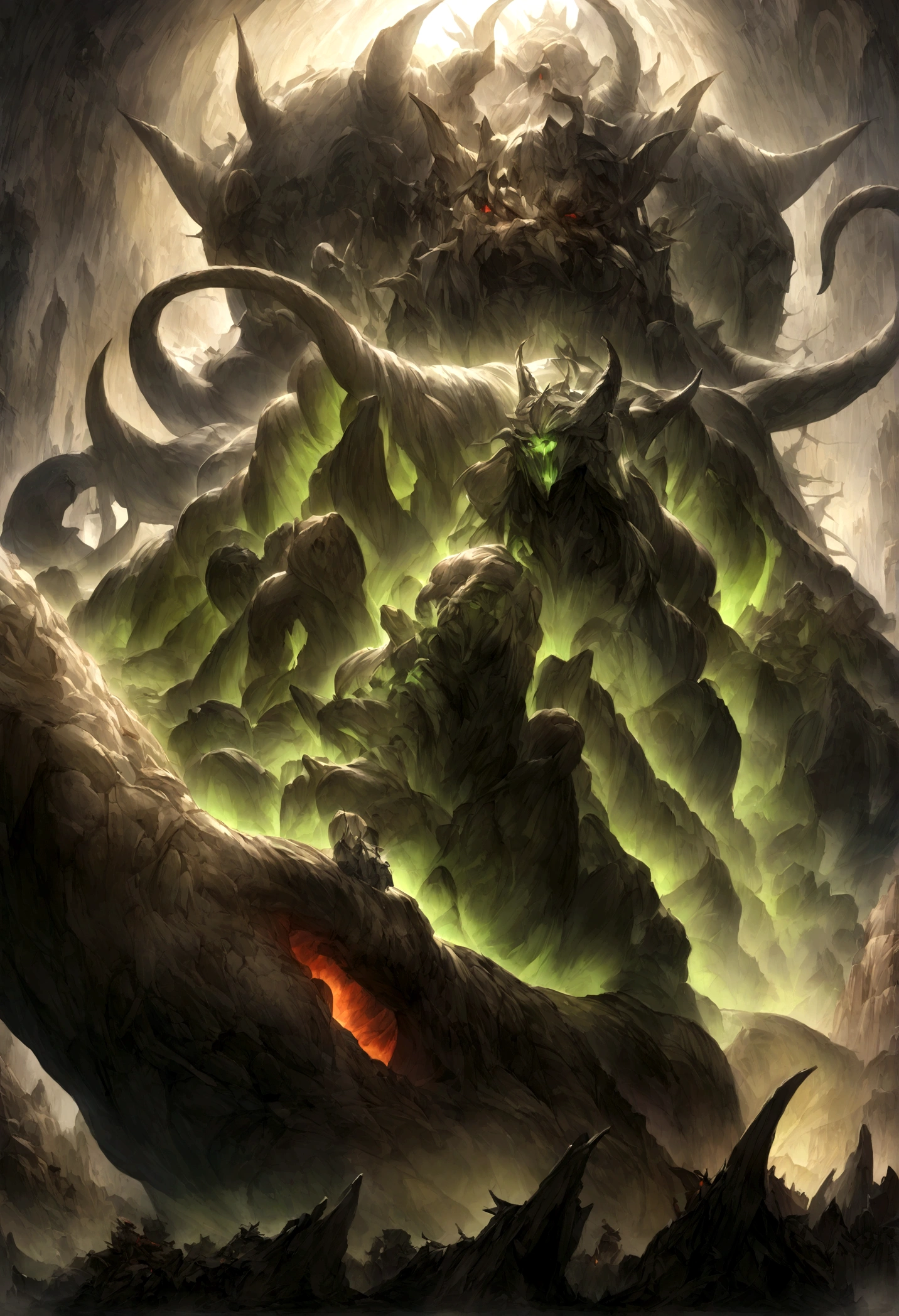 n oil painting, Coming down from the sky, A breathtaking masterpiece, Vivid, Caravaggio, 8K,angelicales,Lots of people,Fallen Angel,Duel Night Battle Angel vs Human Many People,9 people prompt:「chaos、darkness、Ancient Egyptian Demon of Destruction、A hyper-realistic cinematic representation of Apep。A giant snake-like incarnation of ancient evil。」
The main body is、Hundreds of feet long、Several dozen feet thick、It has boulder-sized, dark red scales that cover its musculature.、Must be the body of a very large snake。The body is coiled in a huge coil and towers up.、It must tower above the surrounding landscape.。
The head is really huge、It is at least 50 feet tall.、It has a mouth big enough to swallow an entire building.。On the chin、As big as a tree trunk、A row of curved, dagger-like obsidian fangs。The eyes have an eerie, sickly green glow。hornとthornが頭から体に沿って威嚇的に突き出ている。
純粋なchaosの濃くて有毒な緑色の煙が鼻孔と口から噴き出し、Covering the sky、Distorting the air itself、Distort。Forked tongue thrusts violently、大地を焦がすAcid poison液を滴らせます。
In the background、A hellish, apocalyptic scene is depicted as the Egyptian desert is engulfed in the wrath of Apep.。The dunes crumble、Rise。The ruins of ancient temples and monuments collapsed、Rapidly being buried under the suffocating miasma。
Dramatic lightingと深いShadowを使って、Emphasizing the enormous scale and terrifying ferocity of this primal serpent of the untamed night。The entire image is、An overwhelming and world-ending danger、It is necessary to convey a sense of the disappearance of all order and creation.。
Apep is、An immortal and unstoppable force with infinite power and destructive capacity、In other words, he must be depicted as the embodiment of eternal night and the destruction of all existence.。」
This very detailed prompt、It covers all the main characteristics of Apep, the apocalyptic and primordial serpent demon.。Huge coiled body、Huge mouth and fangs、Glowing Eyes、horn/thorn、渦巻くchaosとした煙、Acid poison、And the background of the desolate Egypt being engulfed.。Photorealism、Dramatic lighting/Shadow、and emphasizes the atmosphere of infinite, world-ending destruction.。If you follow this prompt closely,、One of the most powerful evil beings in Egyptian mythology