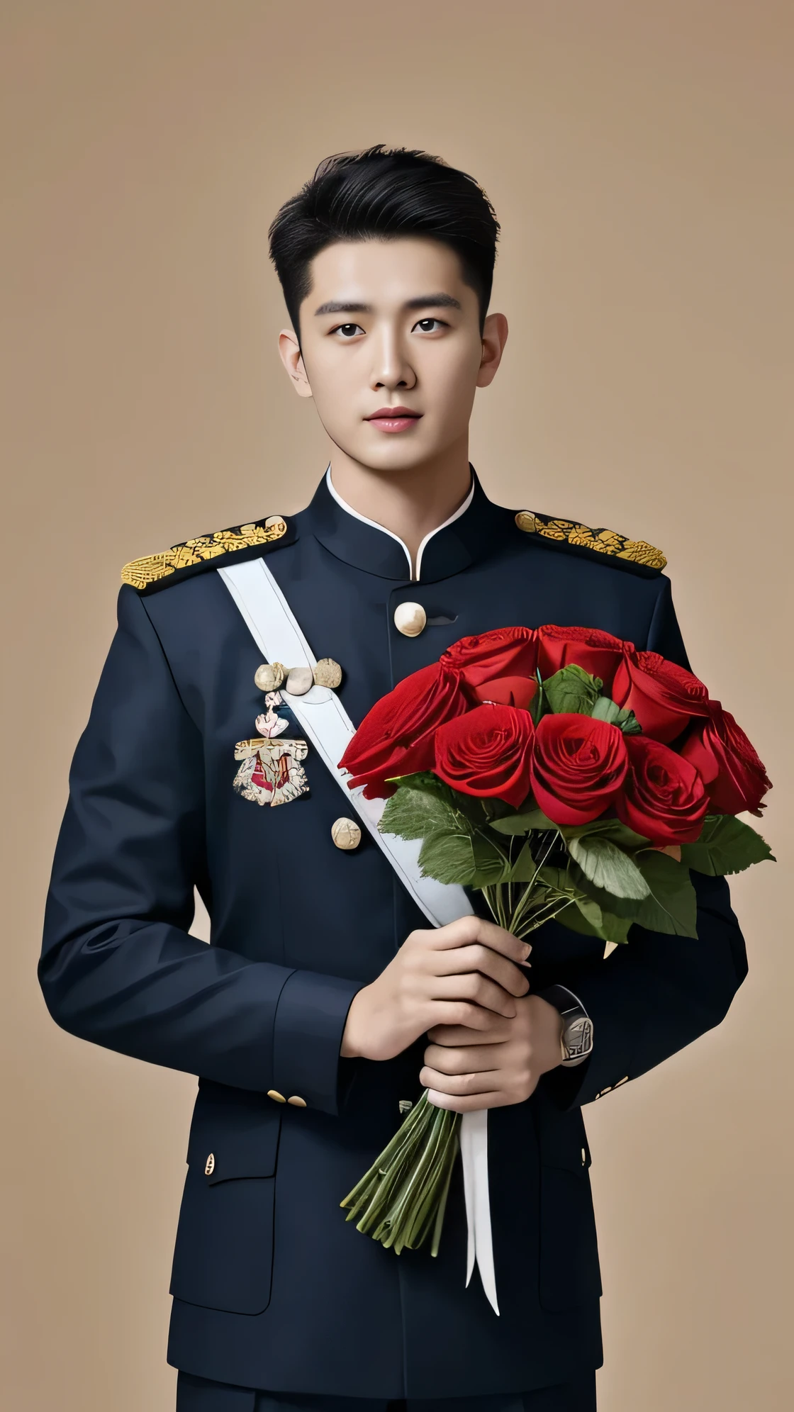 8k,(masterpiece),Best quality,2d,Asian men,Wearing embroidered guards,Wearing military uniform,yanjun chengt,Wear a full military uniform,officer,Unified background,Wearing a general's uniform,Topless photos,Holding a big red flower,Holding a large red bouquet,Muscle Man,Handsome hairstyle,Simple background,Upper body face