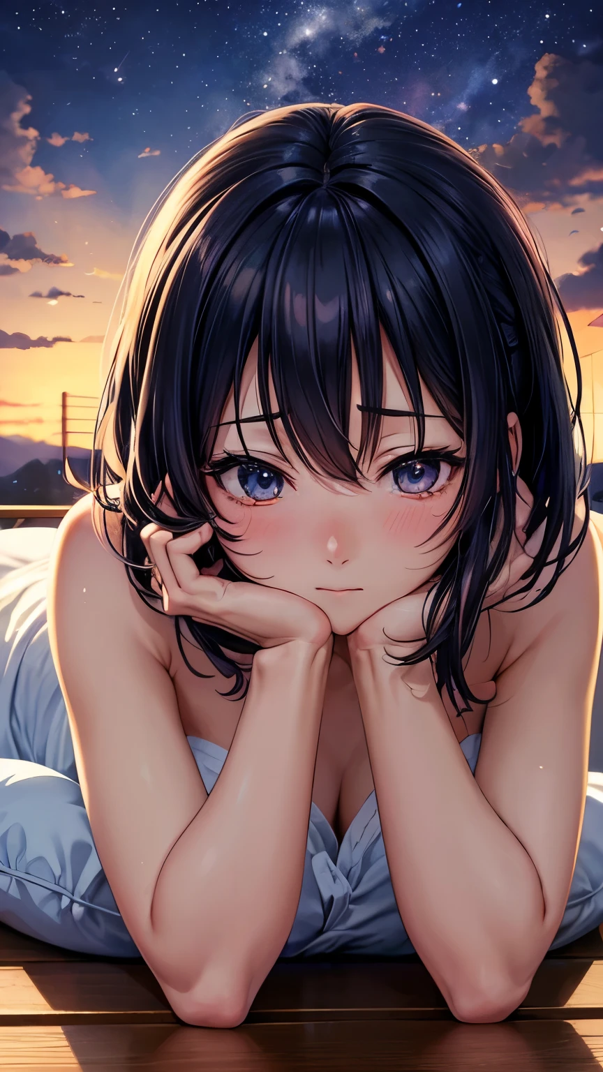 masterpiece, high resolution, illustration, Kyoto Animation Style, your name is movie style, night, midnight, Light, (1 female: 1.3), (Solitary: 1.4), Long eyelashes, Short Bob, nose blushing, , lying down, naked, Close-up of face, Hide with hands胸部, Hide with hands,