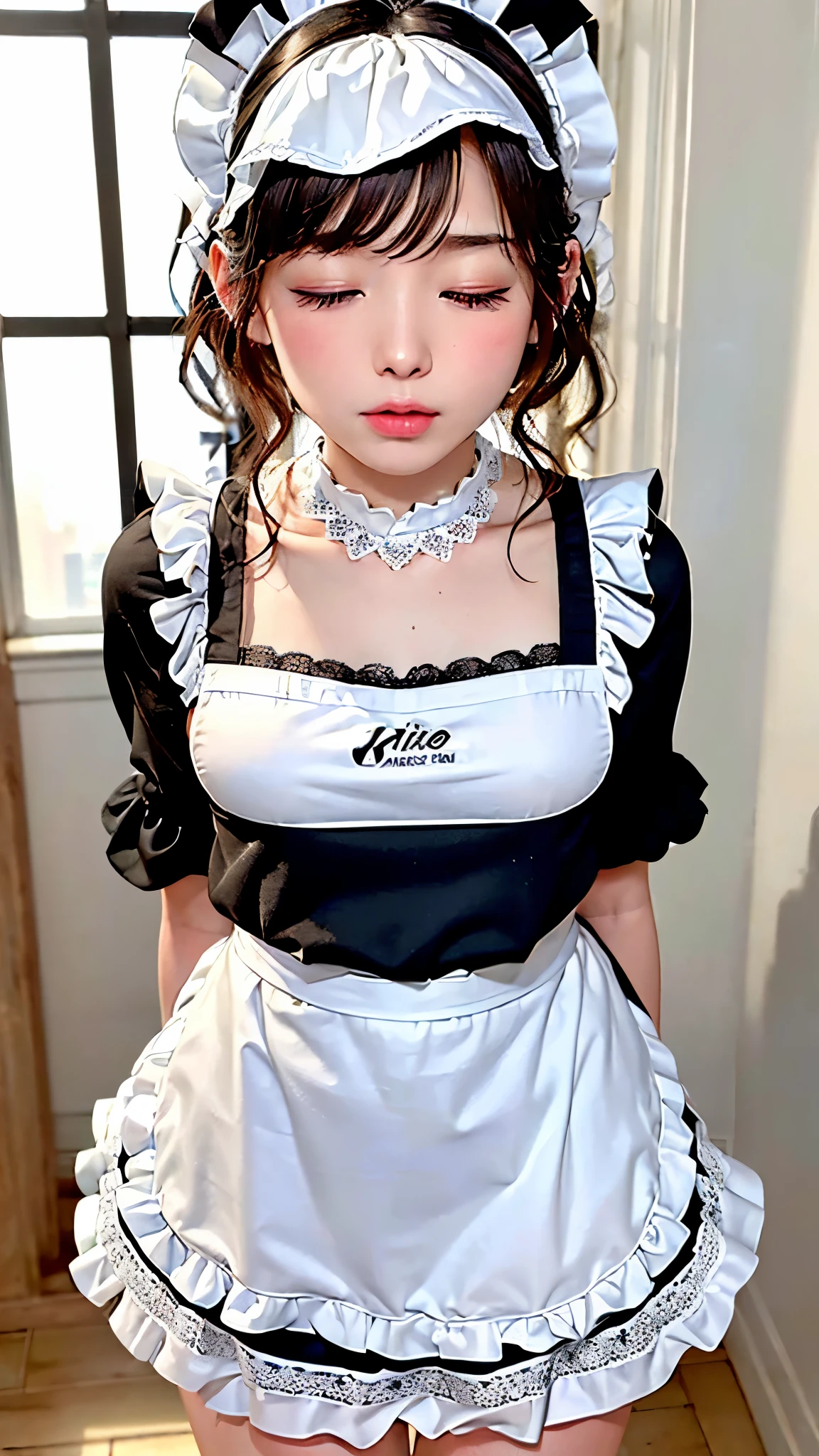 (8K photo quality、Ultra high definition、masterpiece, highest quality),1 girl, 16-year-old girl、solo, ((whole body))、(((Naked Apron)))、Mini apron、(((White ruffled maid apron)))、((The apron is made of lace fabric))、kitchen、(((Close your eyes and kiss)))、