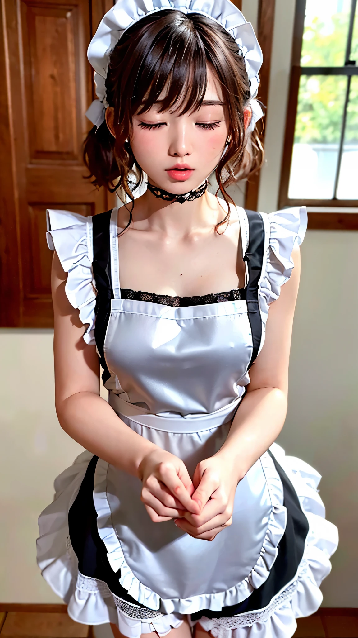 (8K photo quality、Ultra high definition、masterpiece, highest quality),1 girl, -yeld gisolo, ((whole body))、(((Naked Apron)))、Mini apron、(((White ruffled maid apron)))、((The apron is made of lace fabric))、kitchen、(((Close your eyes and kiss)))、