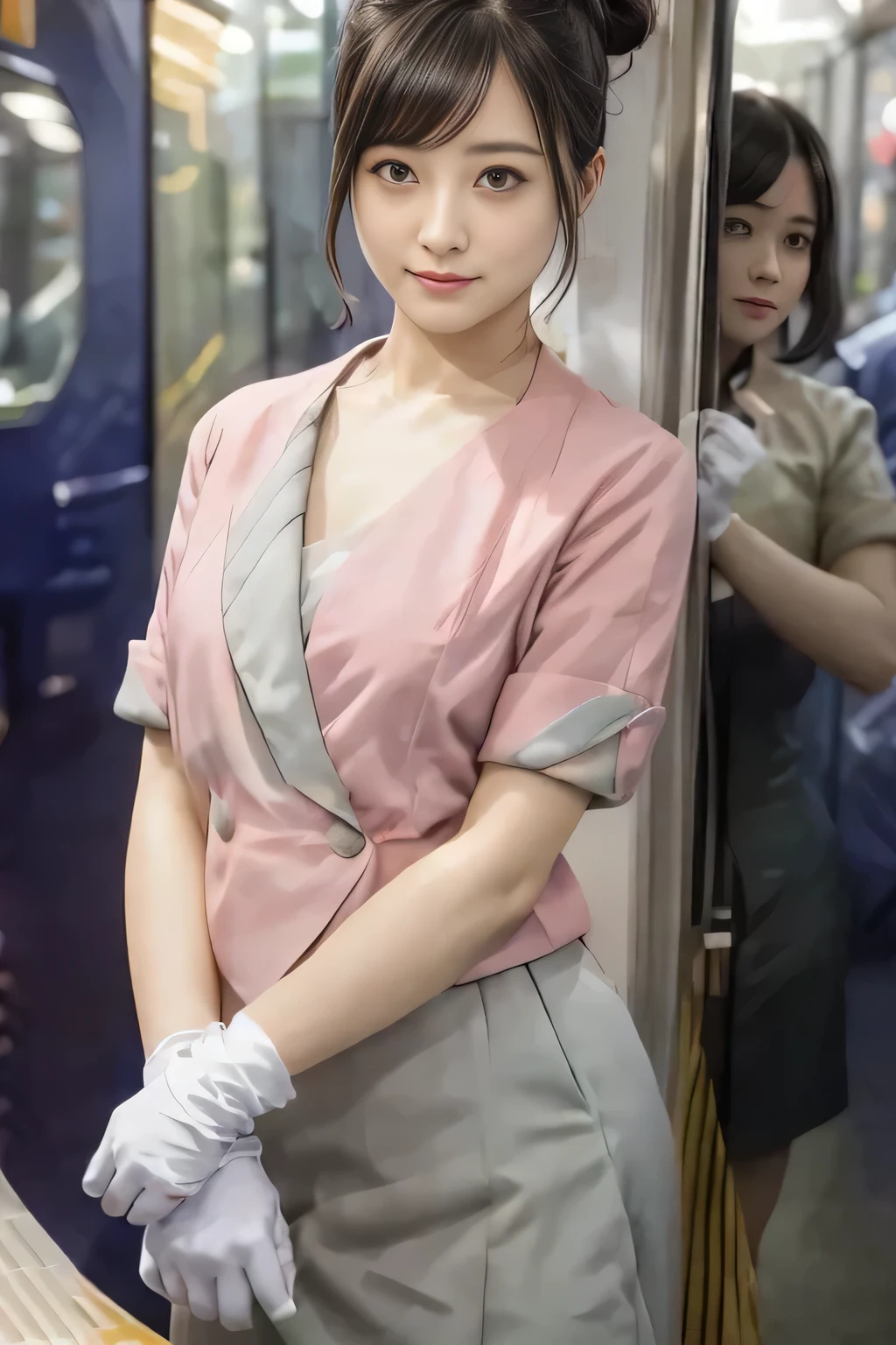 (masterpiece:1.2, highest quality:1.2), 32K HDR, High resolution, (alone、1 girl)、(On the rooftop of a building in the daytime、Professional Lighting)、Building rooftop background、(Nankai train crew uniform pinkを着たリアルスタイル)、(Nankai train crew uniform pink short sleeve pink jacket、Nankai Train Crew Uniform Pink Collarless Short Sleeve Blouse、Nankai Train crew uniform pinkのグレー色のキュロットスカート)、Dark brown hair、(Hair tied up、Hair Bun、Hair Bun)、Dark brown hair、Long Shot、Big Breasts、Thin legs、((Great hands:2.0)),((Harmonious body proportions:1.5)),((Normal limbs:2.0)),((Normal finger:2.0)),((Delicate eyes:2.0)),((Normal eyes:2.0)))、smile、(Nankai Train crew uniform pinkのグレー色のキュロットスカートを見せた美しい歩く姿)、Keep your hands natural