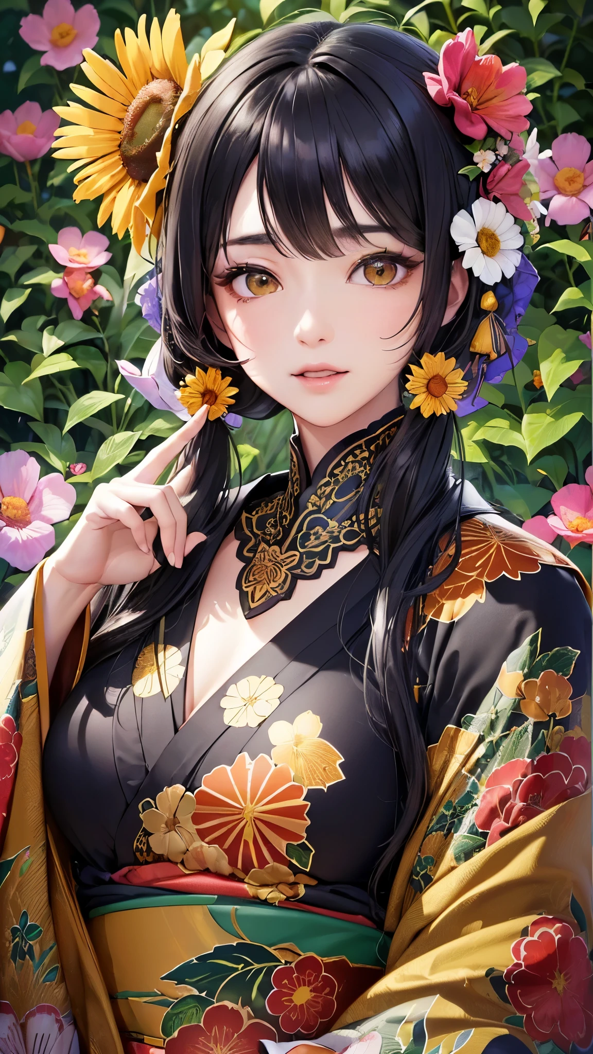 ((highest quality)),(Ultra-high resolution),(Very detailed),(Detailed Description),((The best CG)),(A masterpiece),Ultra-detailed art,Amazing drawing art,(Art with precise detail:1.5), (A long-sleeved kimono with a vibrant floral pattern and detailed depictions:1.5),(Beautiful and well-proportioned face:1.3),(Glossy black hair tied up:1.4), (garden:1.8), (sunny:1.8)