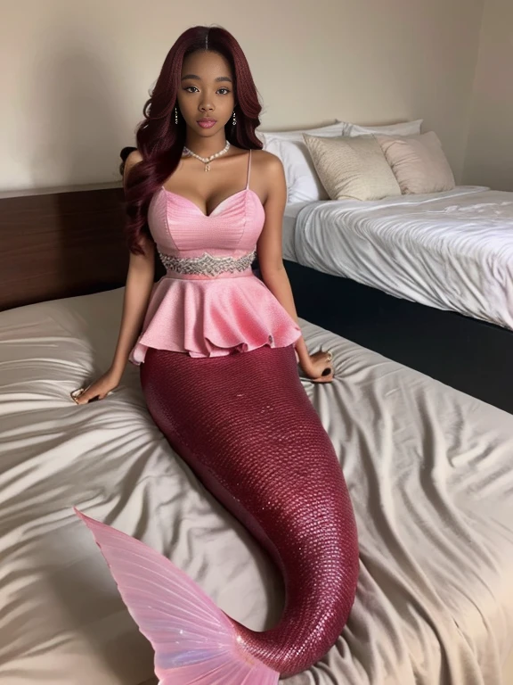 1girl, mermaid, mermaid tail below waistline, mermaid dress, pink mermaid dress, ebony, africa girl, dark skin, long hair, full body, extra huge breasts, cleavage, red hair, on bed, make up korea look, bedroom, sit on bed,