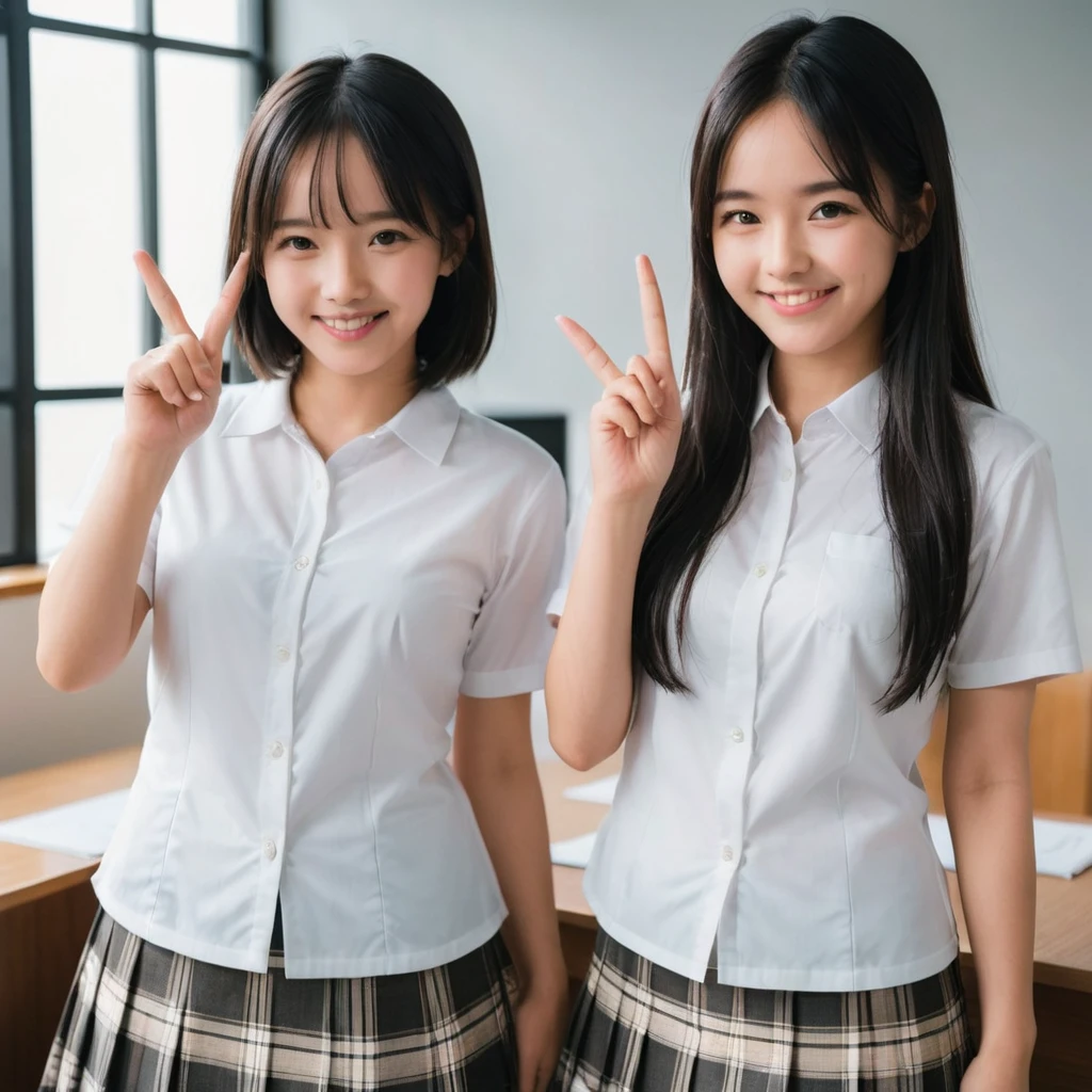 A confident smile, かわいいポーズをとっているtwo students demonstrating a gesture commonly associated with a peace sign while speaking by teleTelephone, skirt, Black Hair, indoor, in, Telephone, shirt, ((((complete fiine fingers))))