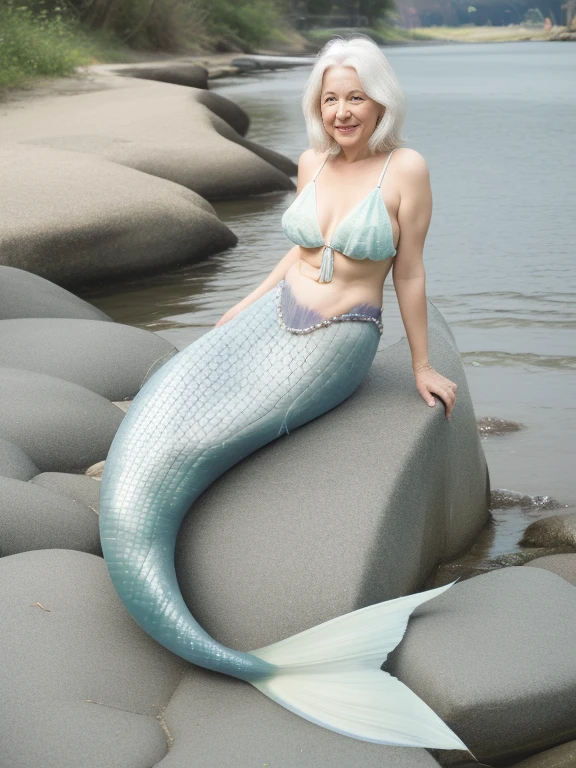 a portrait photograph of a beautiful ((60 year old)) woman, white hair, mermaid, full body, swim at river, wrinkles, long mermaid tail below waistline