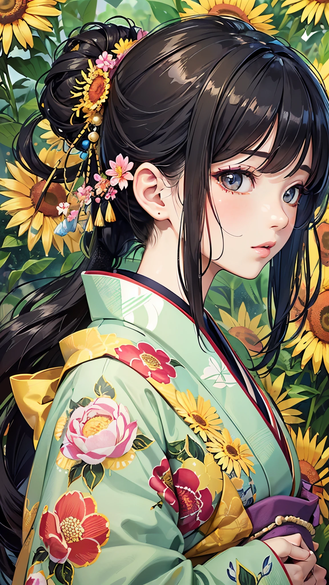 ((highest quality)),(Ultra-high resolution),(Very detailed),(Detailed Description),((The best CG)),(A masterpiece),Ultra-detailed art,Amazing drawing art,(Art with precise detail:1.5), (A long-sleeved kimono with a vibrant floral pattern and detailed depictions:1.5),(Beautiful and well-proportioned face:1.3),(Glossy black hair tied up:1.4), (garden:1.8), (sunny:1.8)