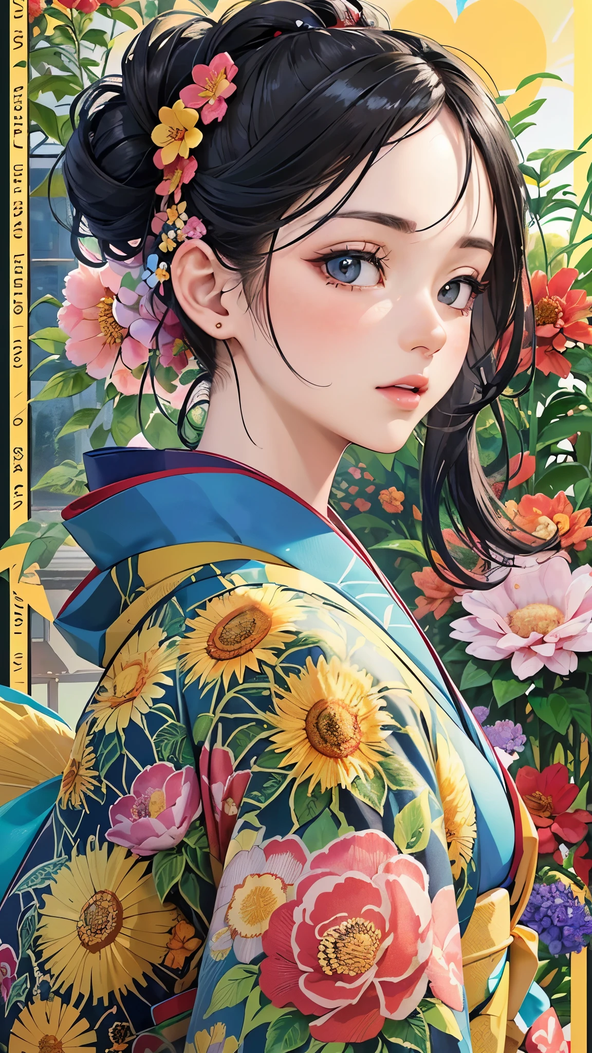((highest quality)),(Ultra-high resolution),(Very detailed),(Detailed Description),((The best CG)),(A masterpiece),Ultra-detailed art,Amazing drawing art,(Art with precise detail:1.5), (A long-sleeved kimono with a vibrant floral pattern and detailed depictions:1.5),(Beautiful and well-proportioned face:1.3),(Glossy black hair tied up:1.4), (garden:1.8), (sunny:1.8)