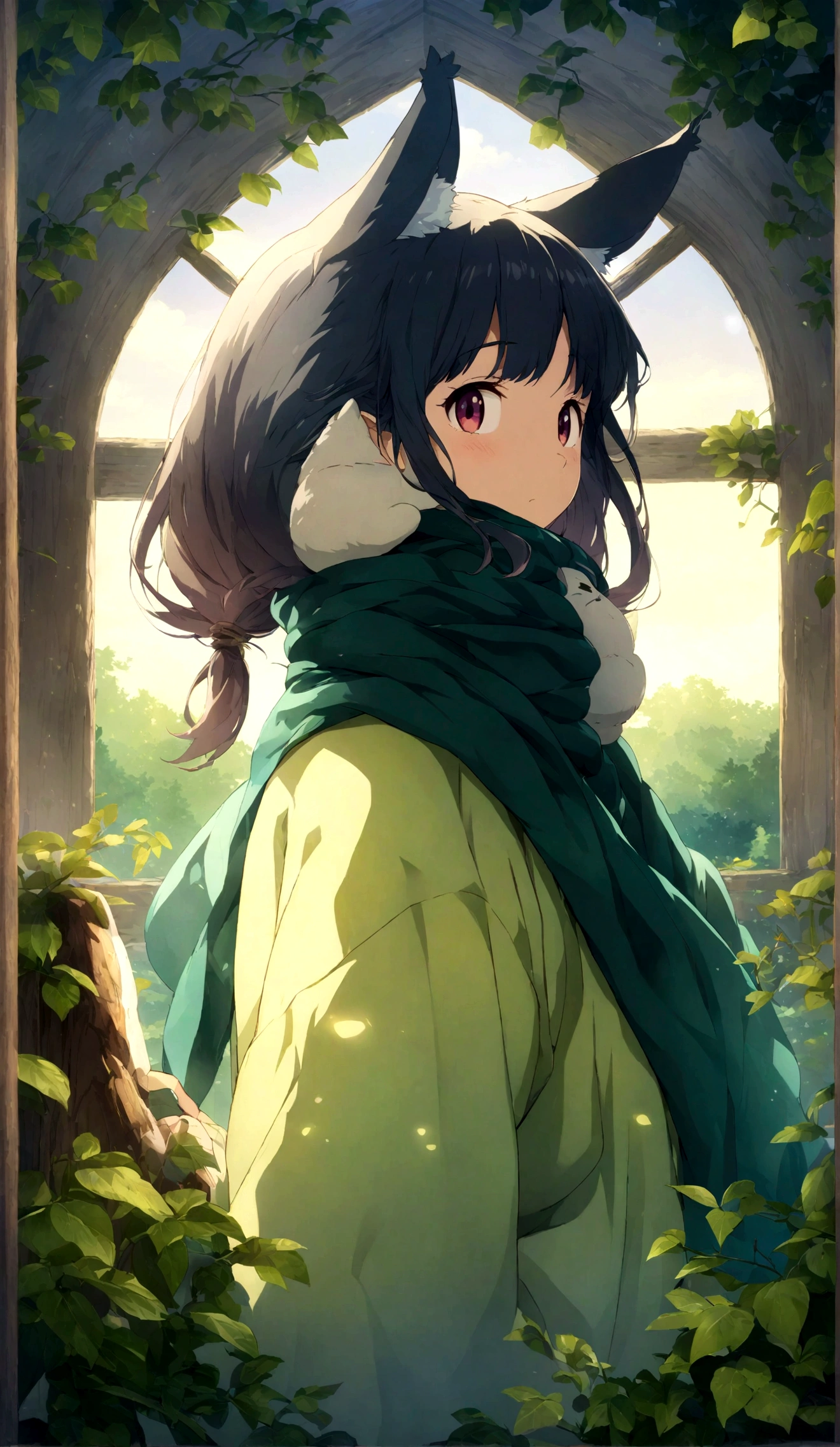 May、My Neighbor Totoro style、adult、Full body portrait、Amazing CG、Ultra HD、mysterious、早朝のmysteriousな雰囲気のある森で歌っている