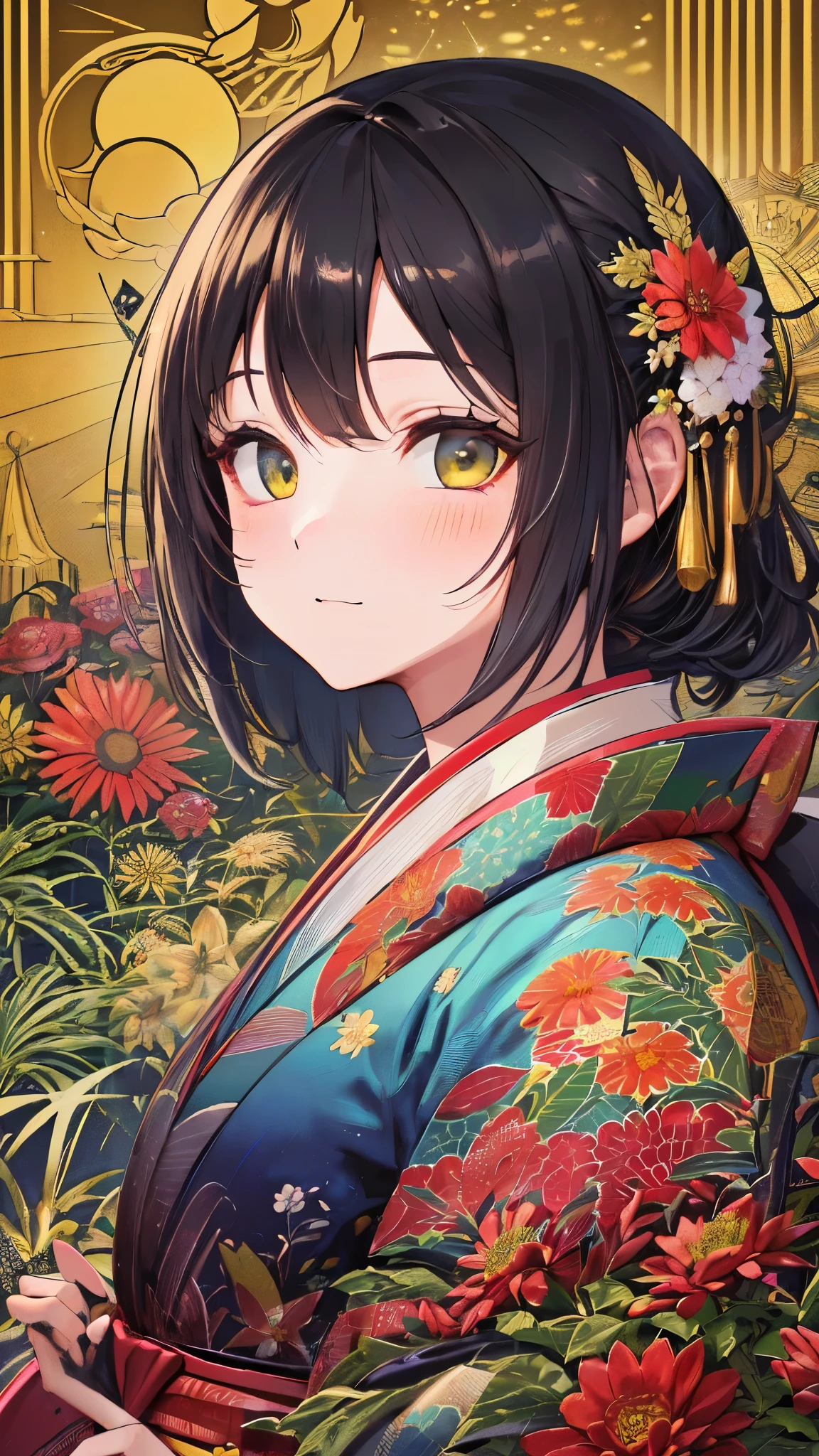 ((highest quality)),(Ultra-high resolution),(Very detailed),(Detailed Description),((The best CG)),(A masterpiece),Ultra-detailed art,Amazing drawing art,(Art with precise detail:1.5), (A long-sleeved kimono with a vibrant floral pattern and detailed depictions:1.5),(Beautiful and well-proportioned face:1.3),(Glossy black hair tied up:1.4), (garden:1.8), (sunny:1.8)