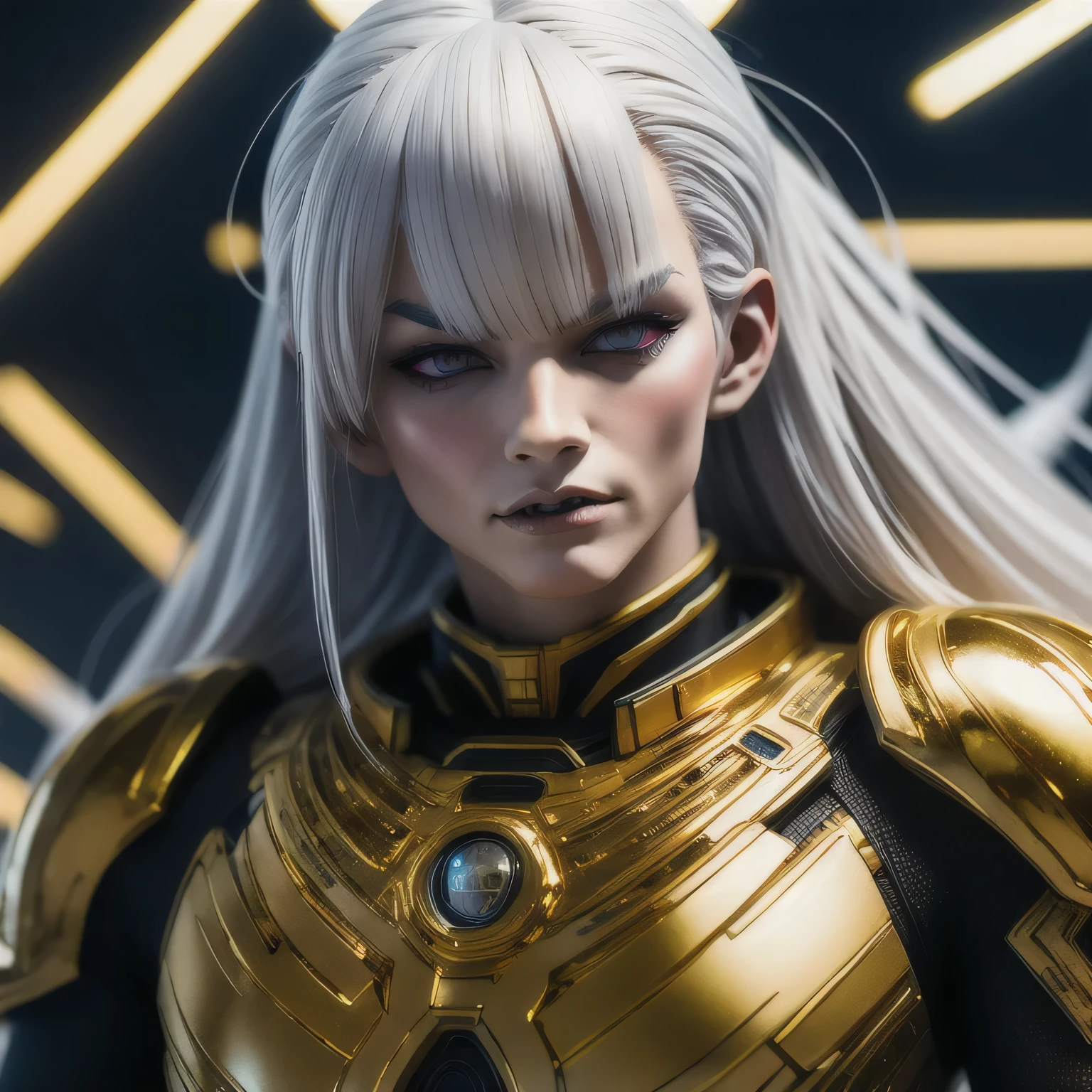 a close up of a person in a gold suit with a white hair, cyborg jd en, cyberpunk jiden, god emperor bdn, emperor b en, jden as an anime villain, j as thos, jen as a sith lord, dark lord bdn, joden with laser eyes, jon as batman