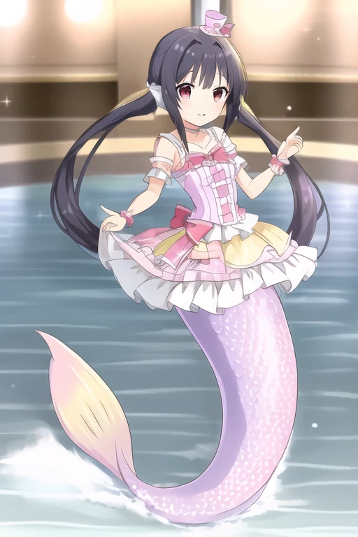 Mermaid, long mermaid tail, water, LegendGirls, dress,(mini hat:0.9),yellow dress,purple dress, 
yazawa nico, twintails, (red eyes), black hair, hair bow, single sidelock , small breasts
 LLChar,
masterpiece, best quality,1girl,