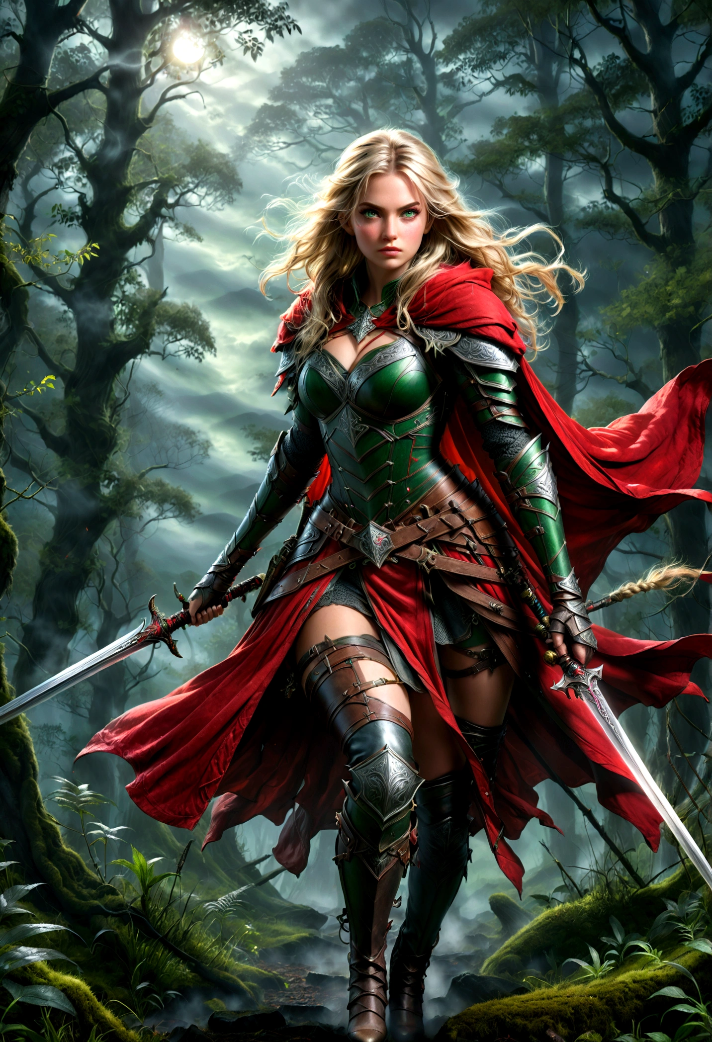 fantasy art, RPG art, Dark fantasy art, ultra wide shot, RAW, photorealistic, a picture of female human ranger, the ranger, an exquisite beautiful human woman, long blond hair, braided hair, green eyes, wearing leather armor, wearing (red cloak: 1.1), armed with a (sword: 1.3), wearing laced boots, standing in a dark forest at night, (mist rising from the grounds: 1.3), a sense of dread and fear, yet she stands defiant and fearless, dark fantasy forest background, best quality, 16k, [ultra detailed], masterpiece, best quality, (ultra detailed), full body, ultra wide shot, photorealism, Sword and shield