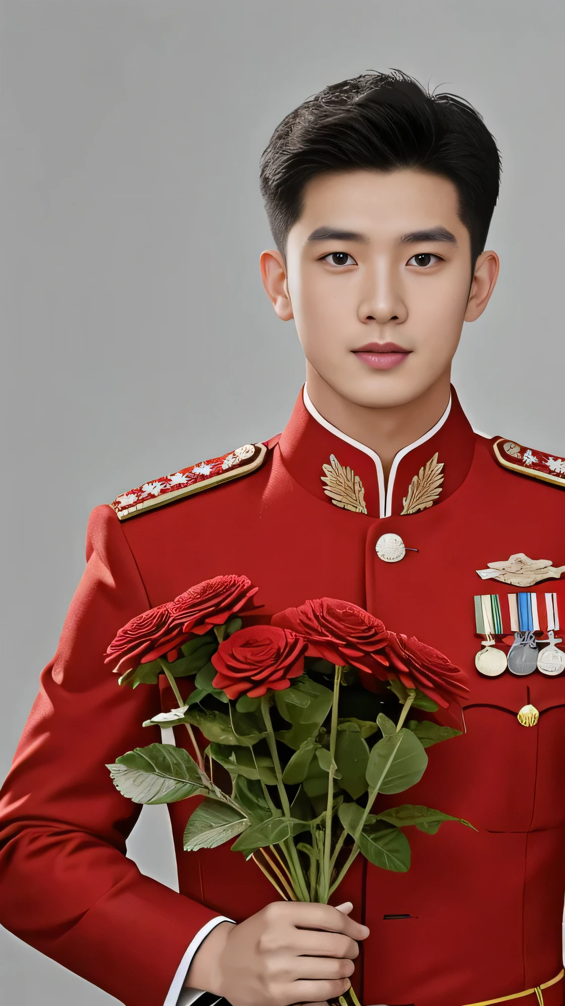 8k,(masterpiece),Best quality,2d,Asian men,Wearing embroidered guards,Wearing military uniform,yanjun chengt,Wear a full military uniform,officer,Unified background,Wearing a general's uniform,Topless photos,Holding a big red flower,Holding a large red bouquet,Muscle Man,Handsome hairstyle,Simple background,Upper body face