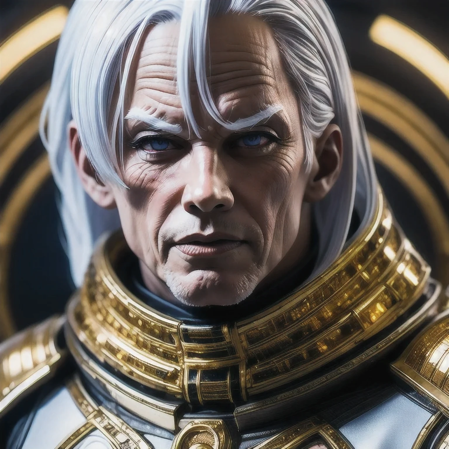 a close up of a person in a gold suit with a white hair, cyborg jd en, cyberpunk jiden, god emperor bdn, emperor b en, jden as an anime villain, j as thos, jen as a sith lord, dark lord bdn, joden with laser eyes, jon as batman