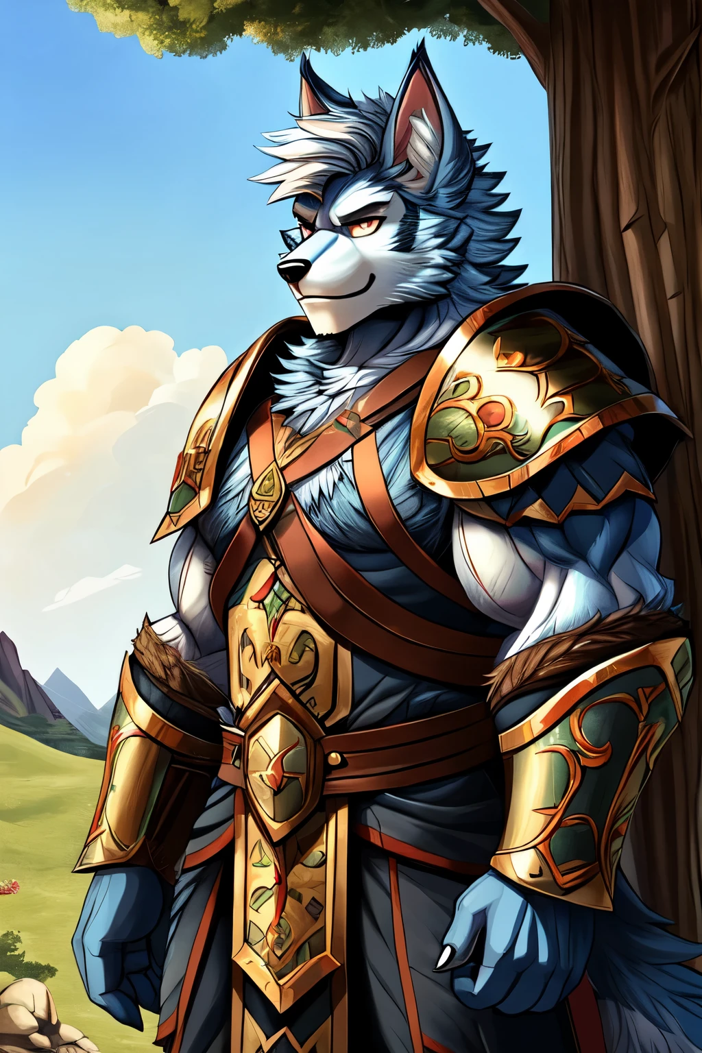 hairy,fur, pure, anthropology, male, Hand-drawn，the strong，Solitary，armor，fur, There are eyelids，RPG background，Blue-white hair，Werewolf，Short hair，Muscle lines，warrioerce，Shorter ears，Gentle，sunny，General