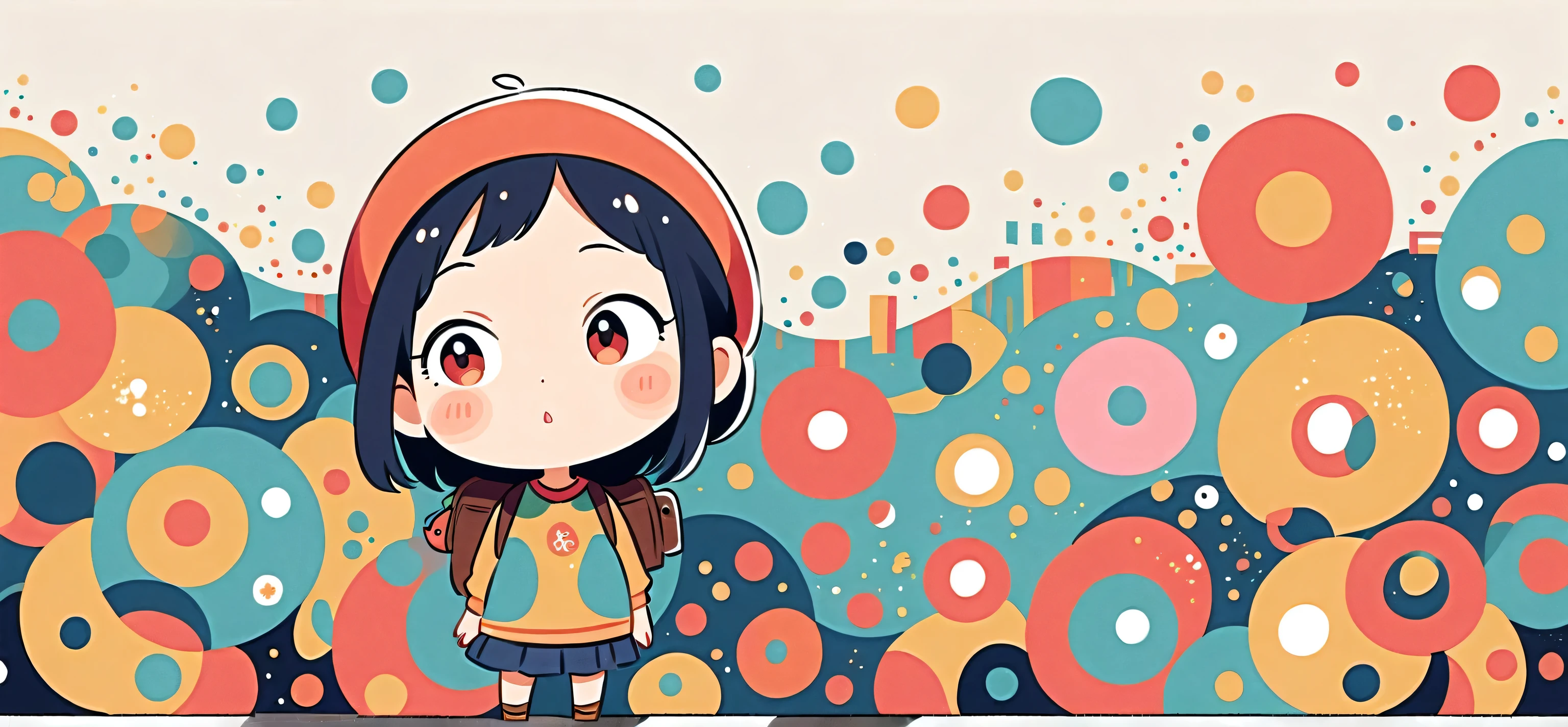 Hayao Miyazaki style, Standing in front of a high wall，Girl with backpack on rooftop，My backpack is full of happy spring，Simple Line Initialism，Abstract art，Urban Background, (((The most beautiful girl))), (((chibi)))