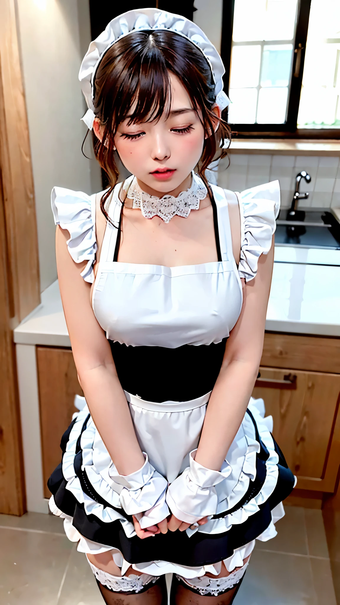 (8K photo quality、Ultra high definition、masterpiece, highest quality),1 girl, -yeld gisolo, ((whole body))、(((Naked Apron)))、Mini apron、(((White ruffled maid apron)))、((The apron is made of lace fabric))、kitchen、(((Close your eyes and kiss)))、