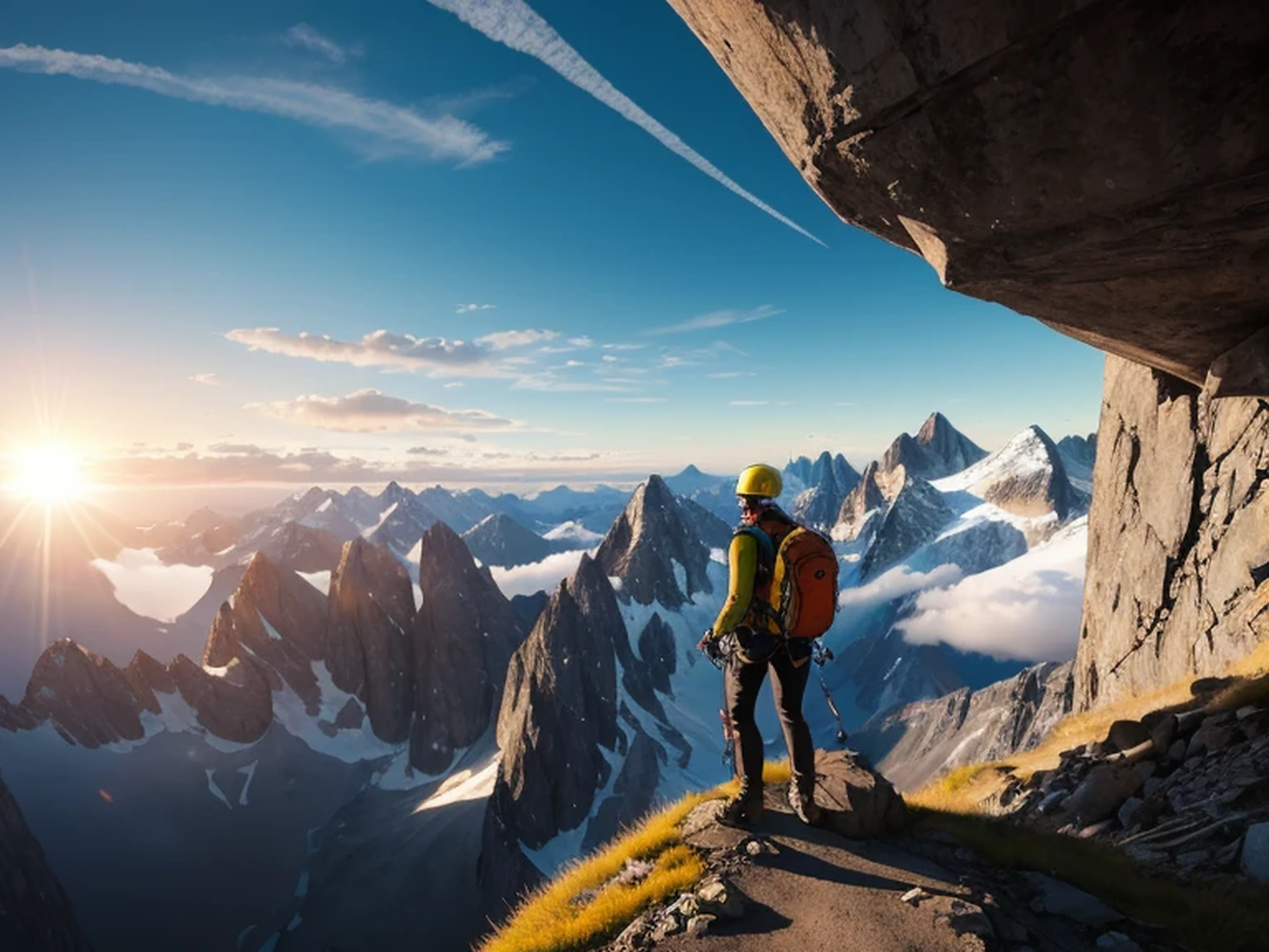 a climber,Overlooking,magnificent mountains,sun,HD