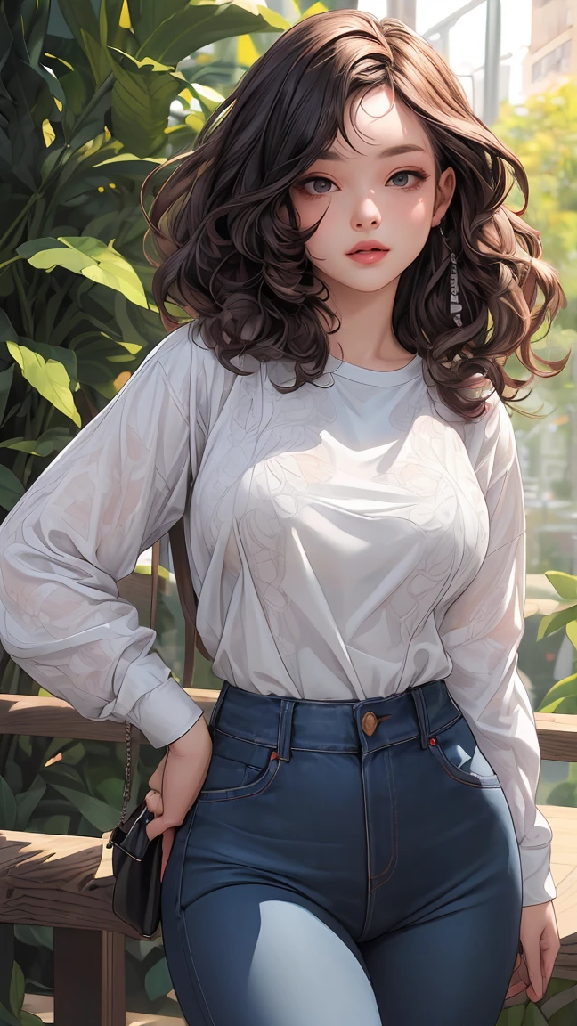 (best quality,8k,hyperrealistic,masterpiece:1.3),(detailed portrait:1.2),beautiful curly hair,wide hips,woman wearing shirt,woman wearing jeans,urban park,detailed facial features,realistic skin texture,intricate clothing folds,lush foliage,warm lighting,cinematic composition,atmospheric depth of field