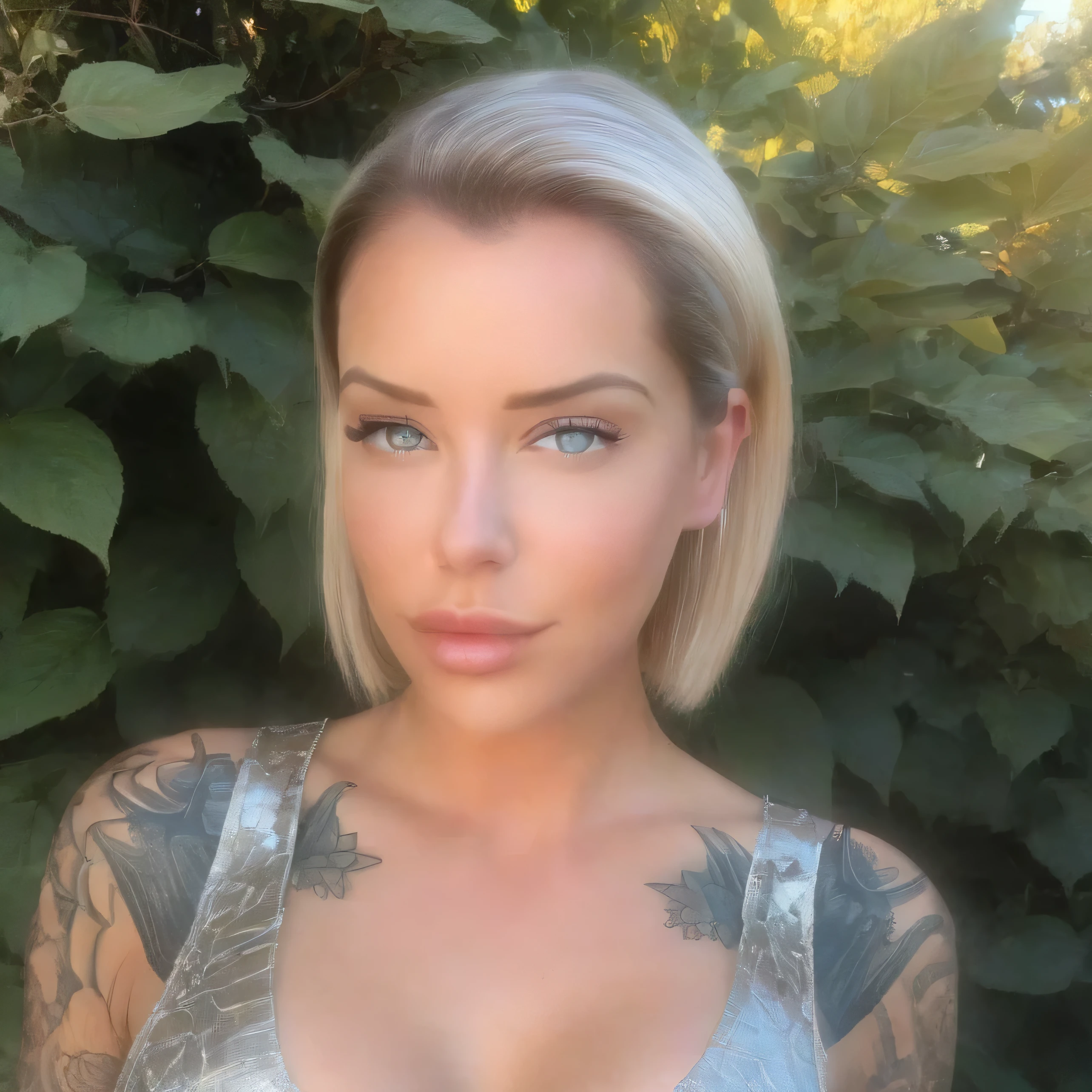 In a garden, a beautiful young woman named Laurence bedard stood with blue eyes and slicked-back hair. She was dressed in a dress. They had an air of confidence and charm.