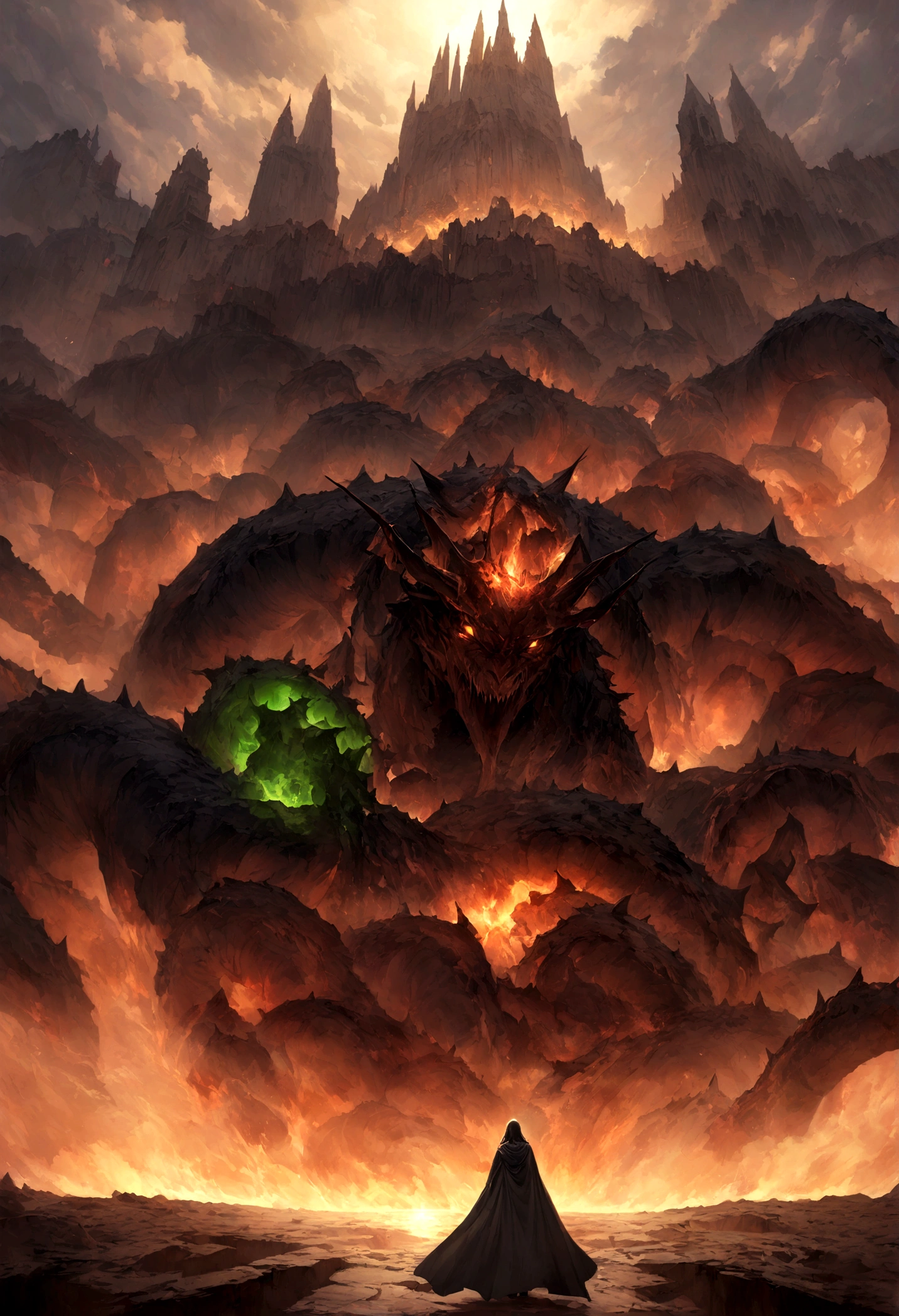 n oil painting, Coming down from the sky, A breathtaking masterpiece, Vivid, Caravaggio, 8K，angelicales，Lots of people，Fallen Angel，Duel Night Battle Angel vs Human Many People，9 people prompt:Black Painting「chaos、darkness、Ancient Egyptian Demon of Destruction、A hyper-realistic cinematic representation of Apep。A giant snake-like incarnation of ancient evil。」 The main body is、Hundreds of feet long、Several dozen feet thick、It has boulder-sized, dark red scales that cover its musculature.、Must be the body of a very large snake。The body is coiled in a huge coil and towers up.、It must tower above the surrounding landscape.。 The head is really huge、It is at least 50 feet tall.、It has a mouth big enough to swallow an entire building.。On the chin、As big as a tree trunk、A row of curved, dagger-like obsidian fangs。The eyes have an eerie, sickly green glow。hornとthornが頭から体に沿って威嚇的に突き出ている。 純粋なchaosの濃くて有毒な緑色の煙が鼻孔と口から噴き出し、Covering the sky、Distorting the air itself、Distort。Forked tongue thrusts violently、大地を焦がすAcid poison液を滴らせます。 In the background、A hellish, apocalyptic scene is depicted as the Egyptian desert is engulfed in the wrath of Apep.。The dunes crumble、Rise。The ruins of ancient temples and monuments collapsed、Rapidly being buried under the suffocating miasma。 Dramatic lightingと深いShadowを使って、Emphasizing the enormous scale and terrifying ferocity of this primal serpent of the untamed night。The entire image is、An overwhelming and world-ending danger、It is necessary to convey a sense of the disappearance of all order and creation.。 Apep is、An immortal and unstoppable force with infinite power and destructive capacity、In other words, he must be depicted as the embodiment of eternal night and the destruction of all existence.。」 This very detailed prompt、It covers all the main characteristics of Apep, the apocalyptic and primordial serpent demon.。Huge coiled body、Huge mouth and fangs、Glowing Eyes、horn/thorn、渦巻くchaosとした煙、Acid poison、And the background of the desolate Egypt being engulfed.。Photorealism、Dramatic lighting/Shadow、and emphasizes the atmosphere of infinite, world-ending destruction.。If you follow this prompt closely,、One of the most powerful evil beings in Egyptian mythology
