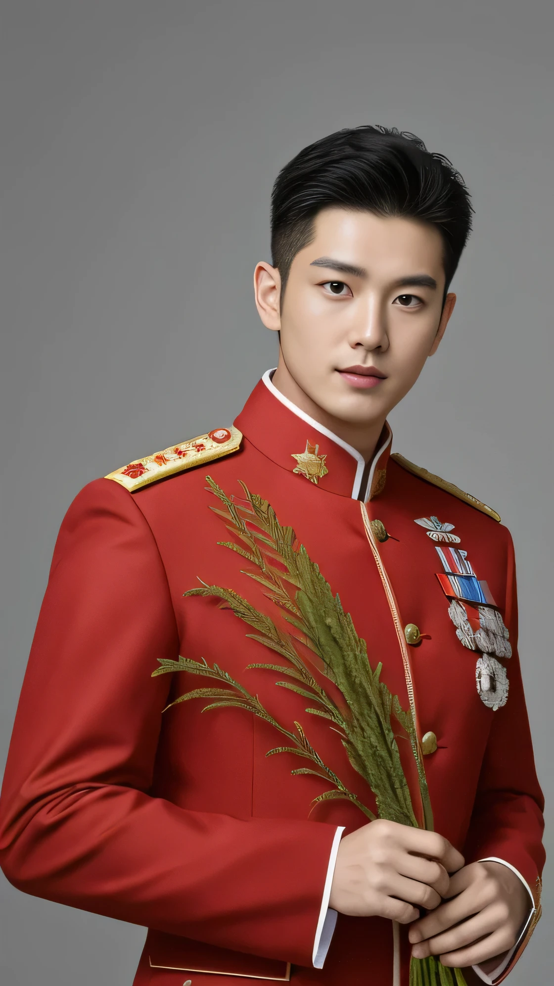 8k,(masterpiece),Best quality,2d,Asian men,Wearing embroidered guards,Wearing military uniform,yanjun chengt,Wear a full military uniform,officer,Unified background,Wearing a general's uniform,Topless photos,Holding a big red flower,Holding a large red bouquet,Muscle Man,Handsome hairstyle,Simple background,Upper body face