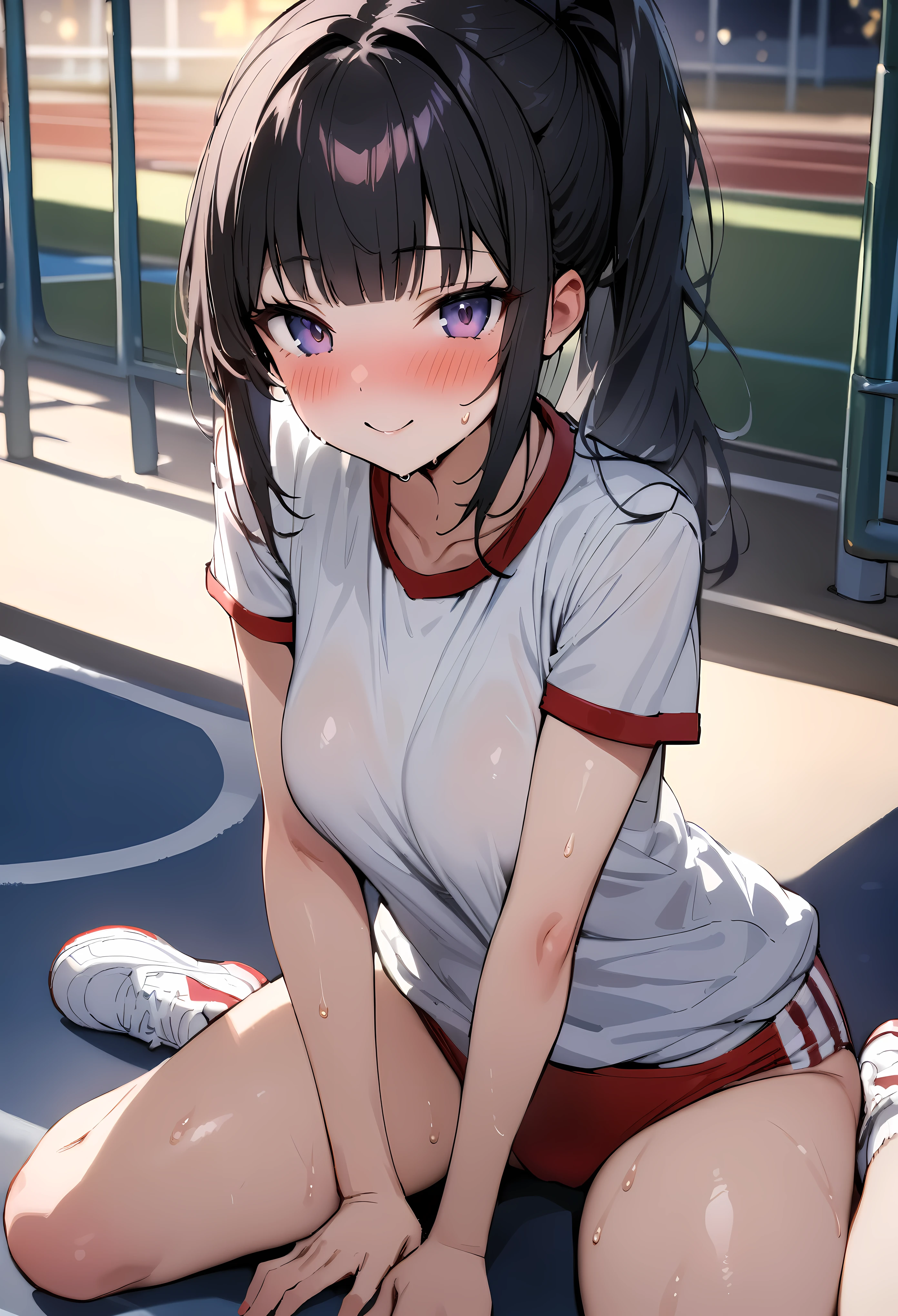 (((masterpiece, highest quality:1.3,absurdres))),cowboy shot,18 year old beauty,solo,((very small head:1.4)),ponytail hair style,long hair,blunt bangs,black hair,glay eyes,A proud smile,blush,medium breasts,((very long body,slender body)),skinny,gleaming skin,shiny skin,sweat, ,(White short sleeve T-shirt, Red Ringer Neck, school gym red buruma)、white sneaker shoes, ,Stretching、spread legs,School playground、at night、moonlight、