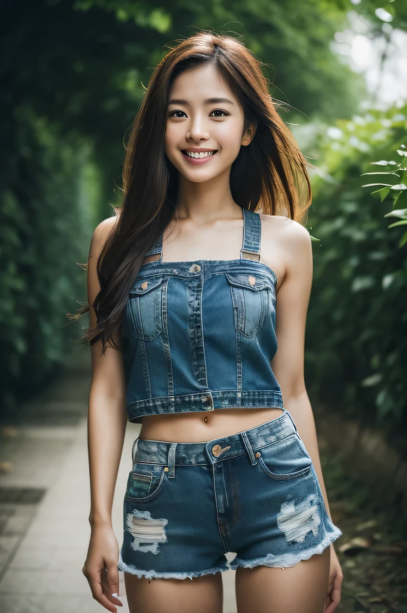 The beauty of 8K raw photos:2.0, Japanese woman, brown hair, beautiful face and dark eyes, looking up, looking at the viewer:1.5, big smile, wet hair, tiny top, put hands on the hip, (denim shorts:1.2), shinny skin, realistic:1.9, very detailed, full body shot:1.2, High resolution RAW color photos, professional photos, mono color wallpaper, standing,