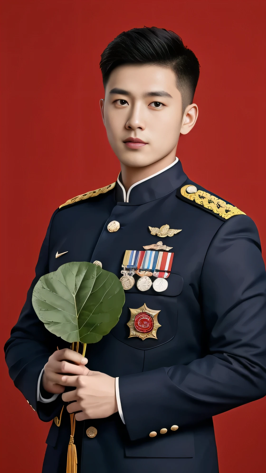 8k,(masterpiece),Best quality,2d,Asian men,Wearing embroidered guards,Wearing military uniform,yanjun chengt,Wear a full military uniform,officer,Unified background,Wearing a general's uniform,Topless photos,Holding a big red flower,Holding a large red bouquet,Muscle Man,Handsome hairstyle,Simple background,Upper body face