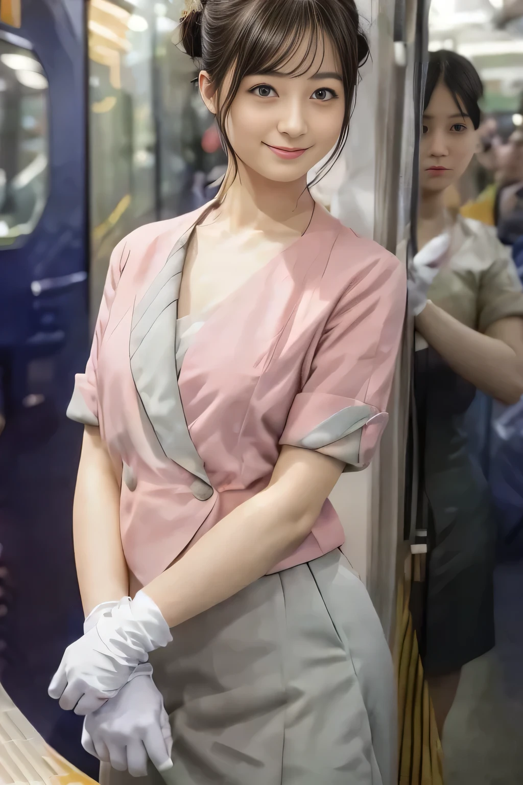 (masterpiece:1.2, highest quality:1.2), 32K HDR, High resolution, (alone、1 girl)、(On the rooftop of a building in the daytime、Professional Lighting)、Building rooftop background、(Nankai train crew uniform pinkを着たリアルスタイル)、(Nankai train crew uniform pink short sleeve pink jacket、Nankai Train Crew Uniform Pink Collarless Short Sleeve Blouse、Nankai Train crew uniform pinkのグレー色のキュロットスカート)、Dark brown hair、(Hair tied up、Hair Bun、Hair Bun)、Dark brown hair、Long Shot、Big Breasts、Thin legs、((Great hands:2.0)),((Harmonious body proportions:1.5)),((Normal limbs:2.0)),((Normal finger:2.0)),((Delicate eyes:2.0)),((Normal eyes:2.0)))、smile、(Nankai Train crew uniform pinkのグレー色のキュロットスカートを見せた美しい歩く姿)、Keep your hands natural