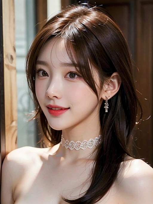 ((masterpiece: 1.4, best quality))+,(ultra detail)+, official art, unity 8k wallpaper, ultra detail, beautiful, high quality, Highlight your cute face, masterpiece, best quality, Popular shoulder length hairstyles, (brown eyes, brown hair), bust, looking straight ahead, laugh, (all nude:1.4), (bust:1.3), lace neck choker, jewelry earrings