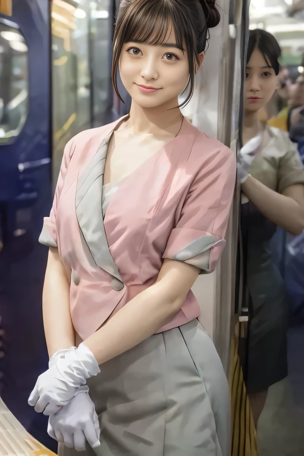 (masterpiece:1.2, highest quality:1.2), 32K HDR, High resolution, (alone、1 girl)、（On the rooftop of a building in the daytime、Professional Lighting）、Building rooftop background、（Nankai train crew uniform pinkを着たリアルスタイル）、（Nankai train crew uniform pink short sleeve pink jacket、Nankai Train Crew Uniform Pink Collarless Short Sleeve Blouse、Nankai Train crew uniform pinkのグレー色のキュロットスカート）、Dark brown hair、（Hair tied up、Hair Bun、Hair Bun）、Dark brown hair、Long Shot、Big Breasts、Thin legs、（（Great hands：2.0）），（（Harmonious body proportions：1.5）），（（Normal limbs：2.0）），（（Normal finger：2.0）），（（Delicate eyes：2.0）），（（Normal eyes：2.0））)、smile、（Nankai Train crew uniform pinkのグレー色のキュロットスカートを見せた美しい歩く姿）、Keep your hands natural