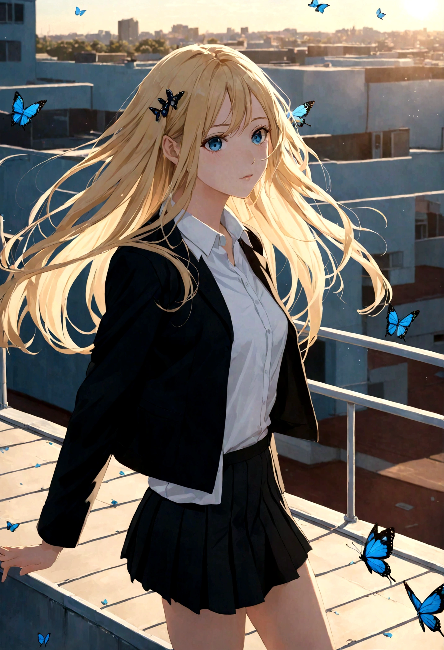 girl wearing white shirt and black short skirt , , thin black jacket , Blonde, super long hair, long hair past the calves , thin hair, flat hair, Perfect Face, Beautiful eyes, Blue butterfly hair clip, hair flying in the wind, background on school rooftop, late afternoon.