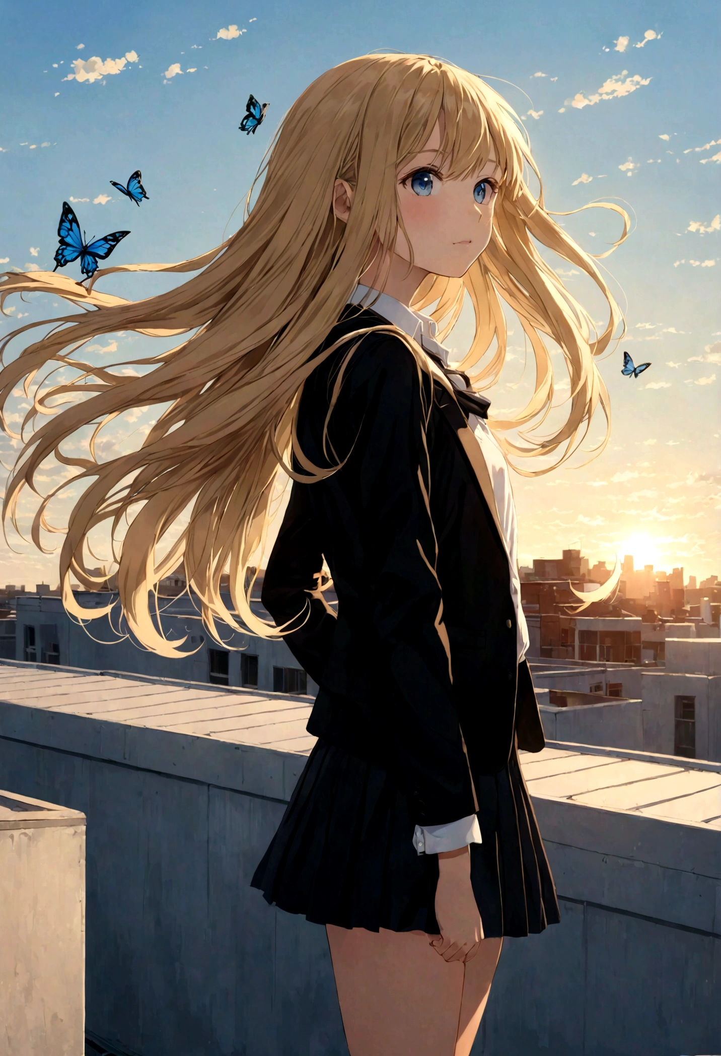 girl wearing white shirt and black short skirt , , thin black jacket , Blonde, super long hair, long hair past the calves , thin hair, flat hair, Perfect Face, Beautiful eyes, Blue butterfly hair clip, hair flying in the wind, background on school rooftop, late afternoon.