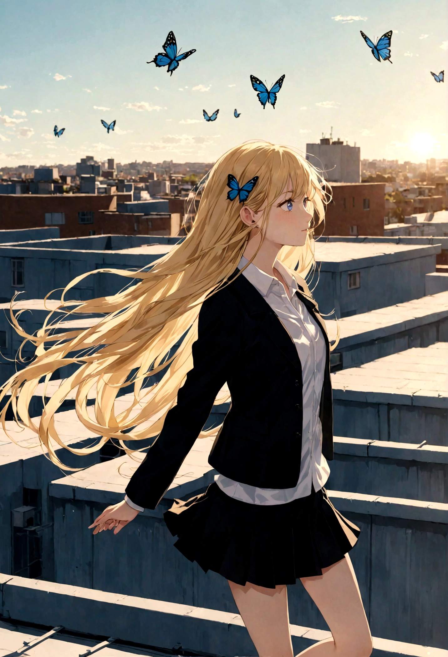 girl wearing white shirt and black short skirt , , thin black jacket , Blonde, super long hair, long hair past the calves , thin hair, flat hair, Perfect Face, Beautiful eyes, Blue butterfly hair clip, hair flying in the wind, background on school rooftop, late afternoon.
