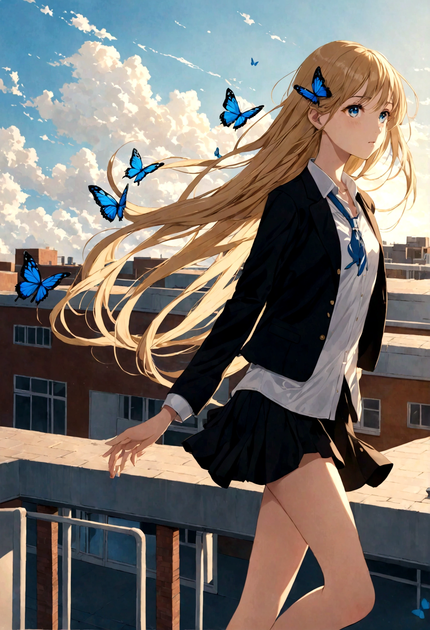 girl wearing white shirt and black short skirt , , thin black jacket , Blonde, super long hair, long hair past the calves , thin hair, flat hair, Perfect Face, Beautiful eyes, Blue butterfly hair clip, hair flying in the wind, background on school rooftop, late afternoon.