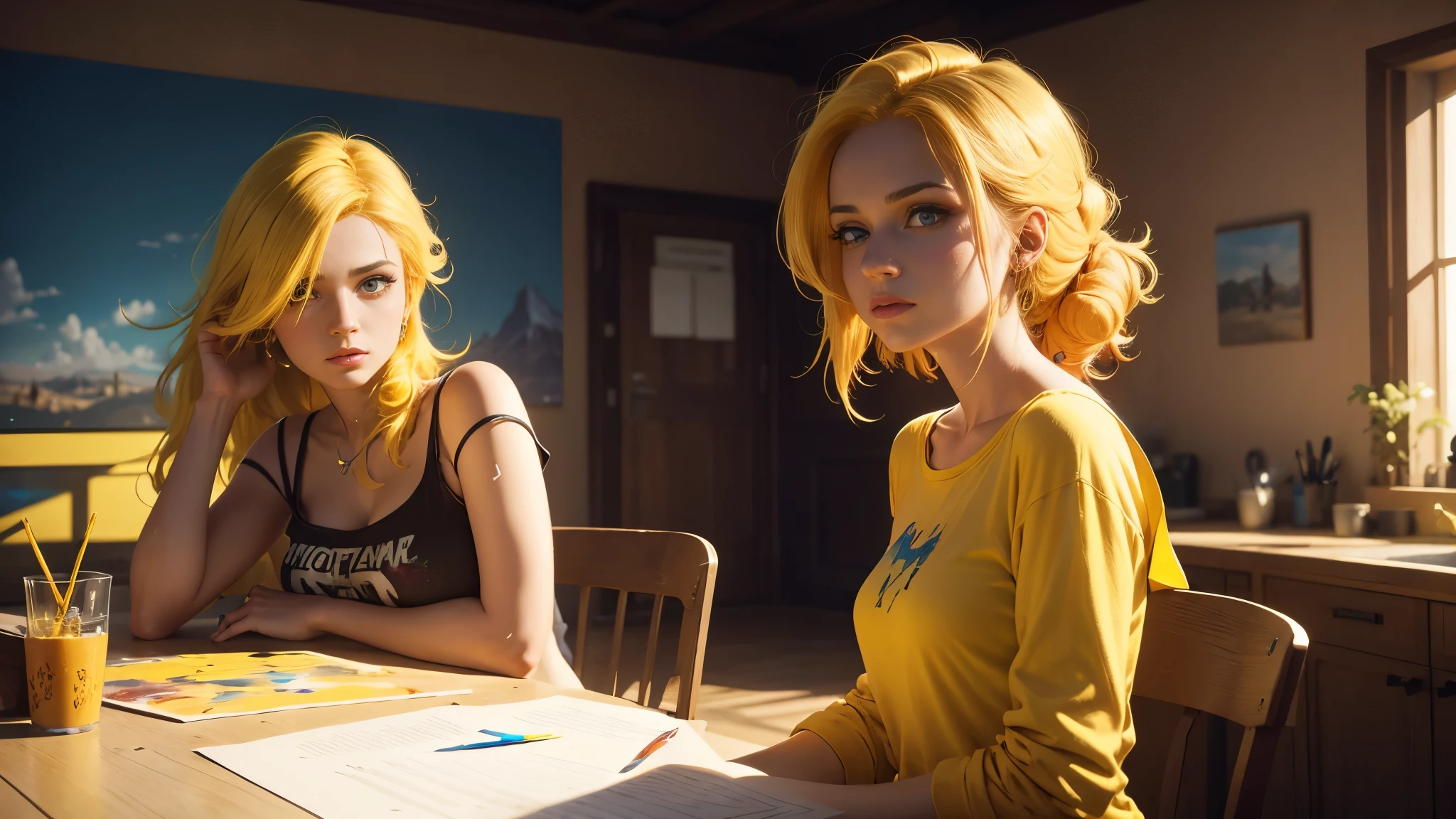 Arafa with multi-colored hair and a yellow top stands in the room, Photorealistic painting, inspired by Jean-Etienne Lyotard, Artstation Competition Winner, fantastic realism, Amorant, better known as Amorant, It's as if Lisa Simpson came to life, yellow hair, blonde goddess, A bit of yellow and blue, sexy, googling