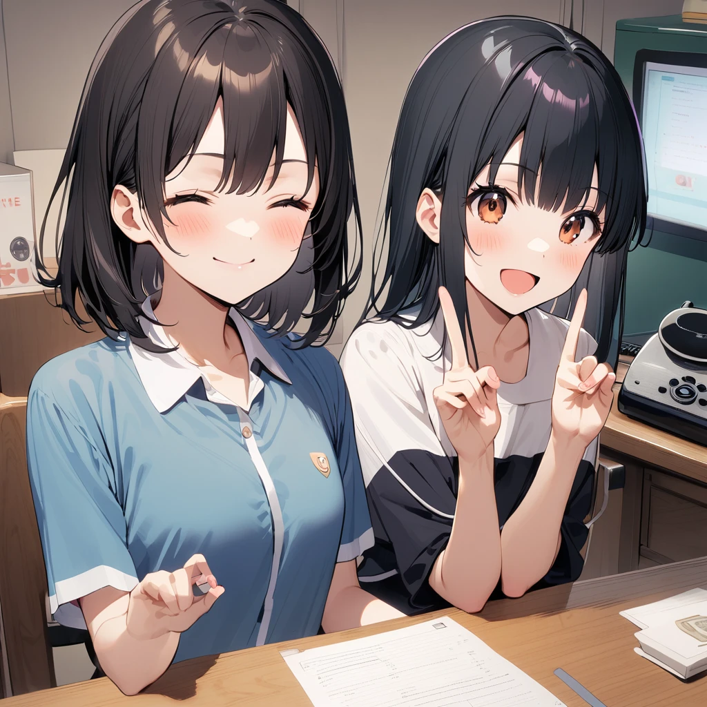 A confident smile, かわいいポーズをとっているtwo students demonstrating a gesture commonly associated with a peace sign while speaking by teleTelephone, skirt, Black Hair, indoor, in, Telephone, shirt, ((((complete fiine fingers))))