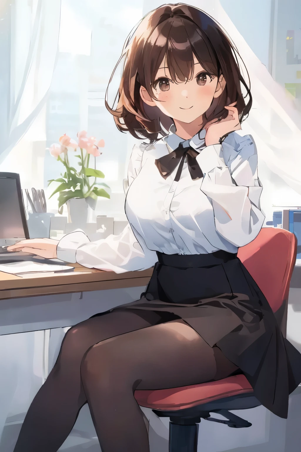 best quality, masterpiece, (solo:1.2), (1 Female:1.2)、Age 25、Larger breasts、(Slender figure)、From the side、(Sitting in a chair)、(office lady)、sheer white blouse、Black Skirt、tights、(White highlight in pupil:1.2)、Reddish brown eyes、(Black-haired:1.2)、(Medium Hair)、(View your viewers:1.2)、White skin、(blush)、(A shy smile)、(I blur the background a lot to make the woman stand out.:1.3)、(The sunlight shines in)、Beautiful flowers in the background