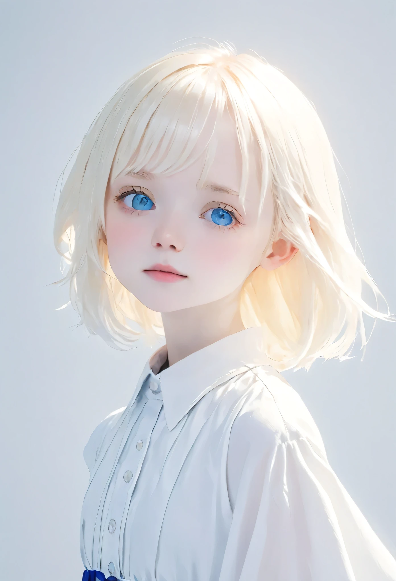 (((White Background:1.3)))、(((1 albino girl、Cute Face、pretty girl))), 16 years old,(((The eyes are white:1.3)))、White Dress、((White shirt:1.3、White Block Dress)), Tyndall effect, Realistic, Shadow Studio,ultramarine、illumination, デュアルトーンillumination, (Skin with attention to detail: 1.2)、薄暗いillumination、暗いillumination、 photograph, High resolution, 4K, 8k, Background Blur,Beautiful fade out、White world、White Background