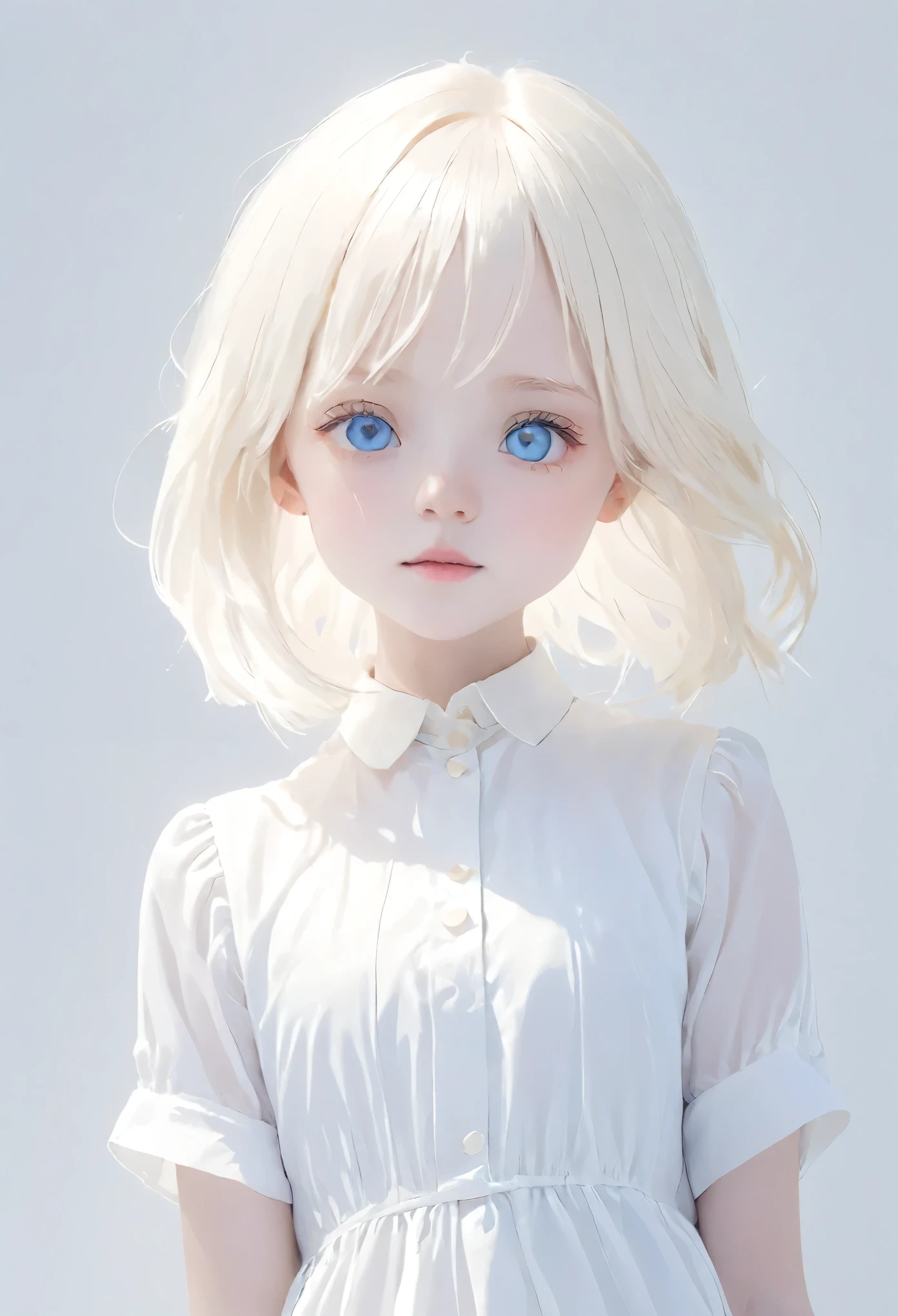 (((White Background:1.3)))、(((1 albino girl、Cute Face、pretty girl))), ,(((The eyes are white:1.3)))、White Dress、((White shirt:1.3、White Block Dress)), Tyndall effect, Realistic, Shadow Studio,ultramarine、illumination, デュアルトーンillumination, (Skin with attention to detail: 1.2)、薄暗いillumination、暗いillumination、 photograph, High resolution, 4K, 8k, Background Blur,Beautiful fade out、White world、White Background