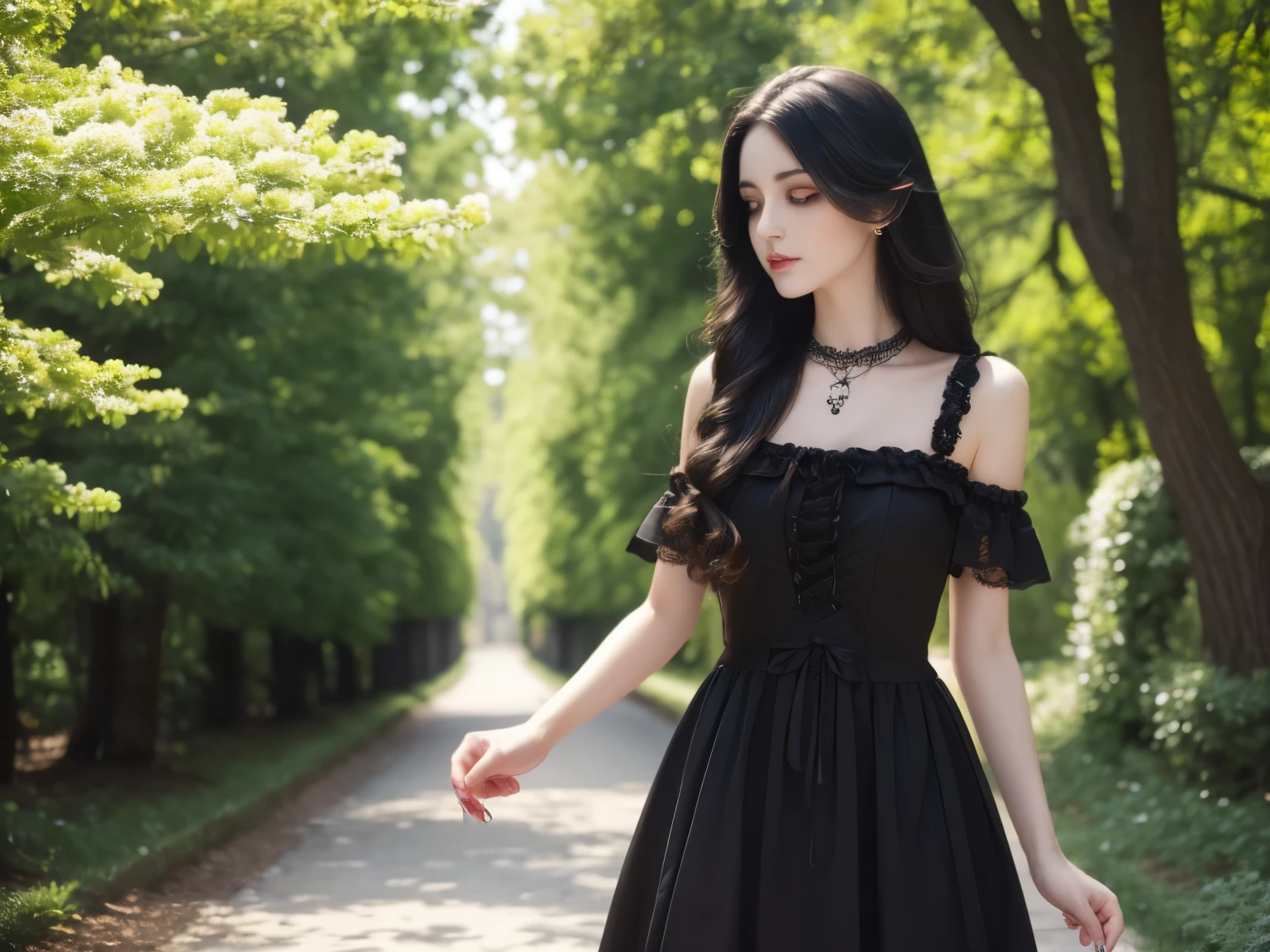 (masterpiece:1.2), (best quality:1.2), Perfect eyes, Perfect face, Perfect lighting, 1 Girl, Mature goth girl standing with hands in front of her, long hair, Complex hairstyle, cosmetic, Black lips, Thick eyelashes, sad, Melancholy, Wearing Gothic Clothing, Black and white dress, Ruffles, ribbon, Puff sleeves, Bare shoulders, Lace necklace, Jewelry, peaceful, Quiet, chill, Detailed outdoor background, Beautiful scenery, fantasy, summer, Sunlight, Sunburn, Flowers, Trees